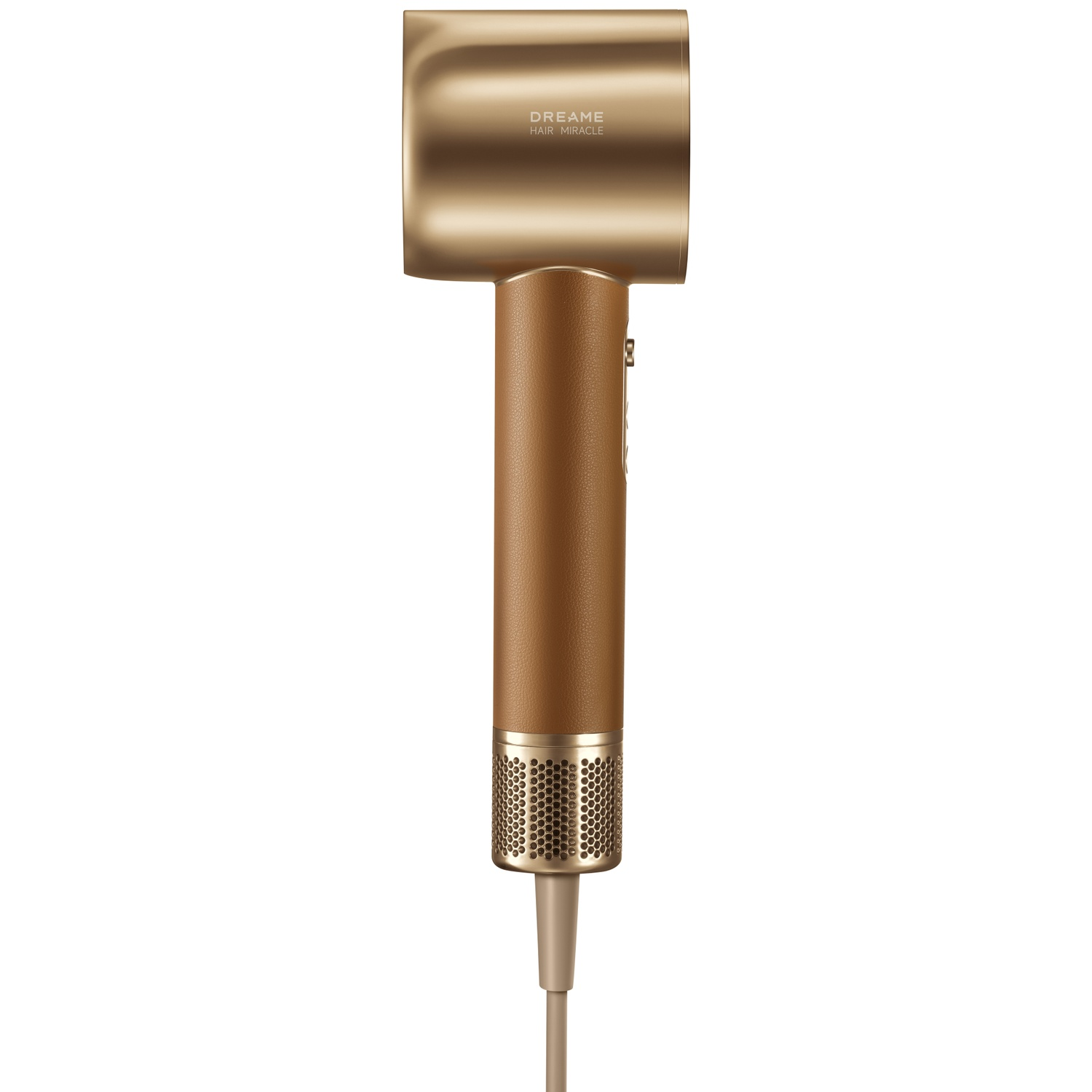 A golden hairdryer with a brown handle, set against a white background.