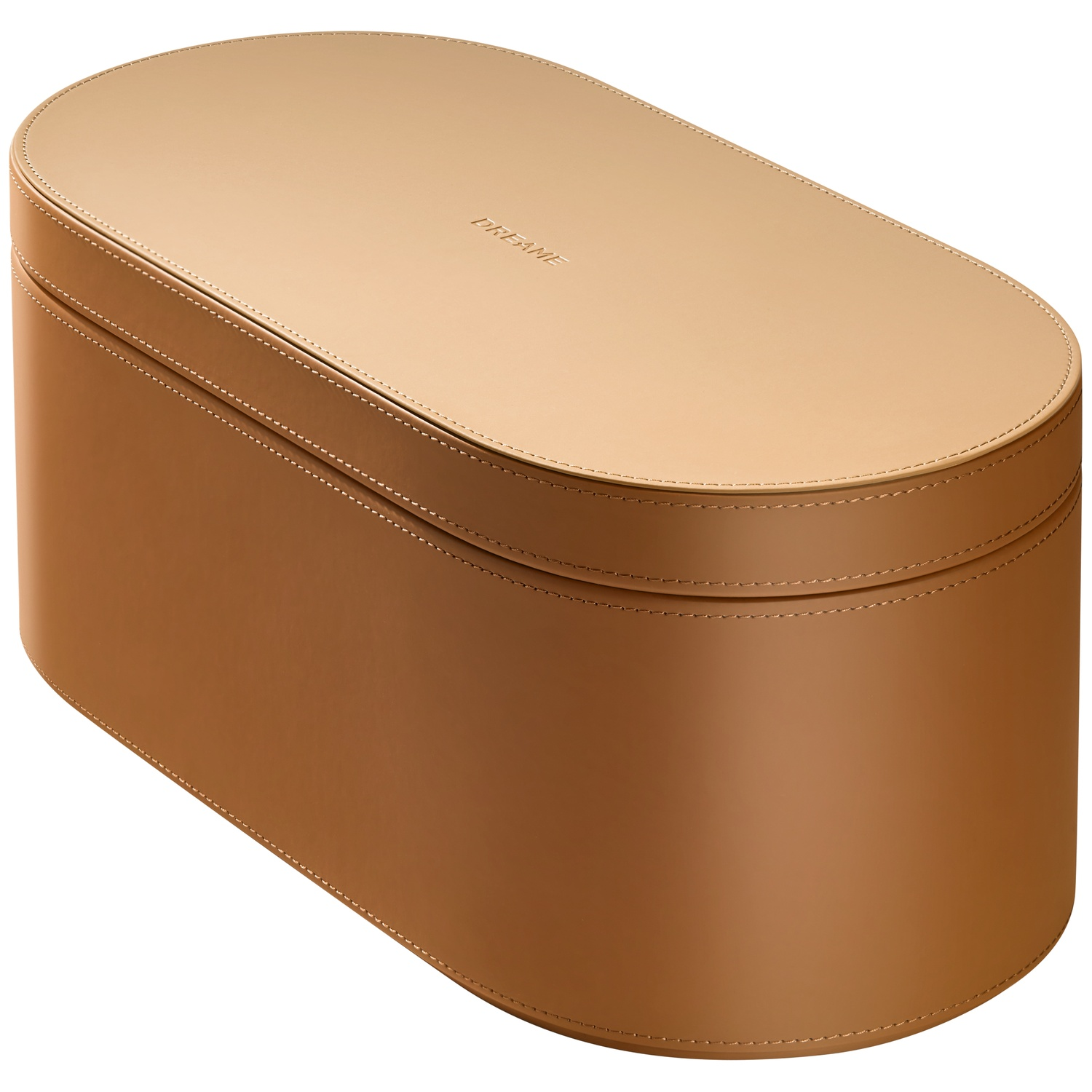 A brown, oval leather box with stitching and the word 