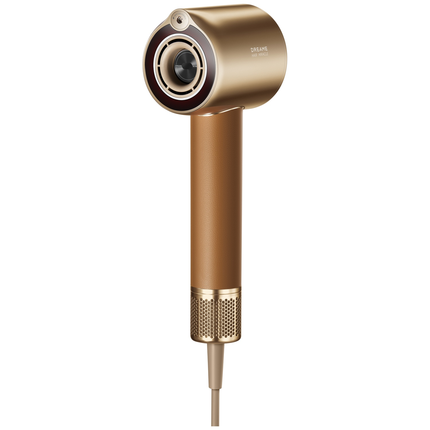 Gold hairdryer with brown handle and vents at the bottom.