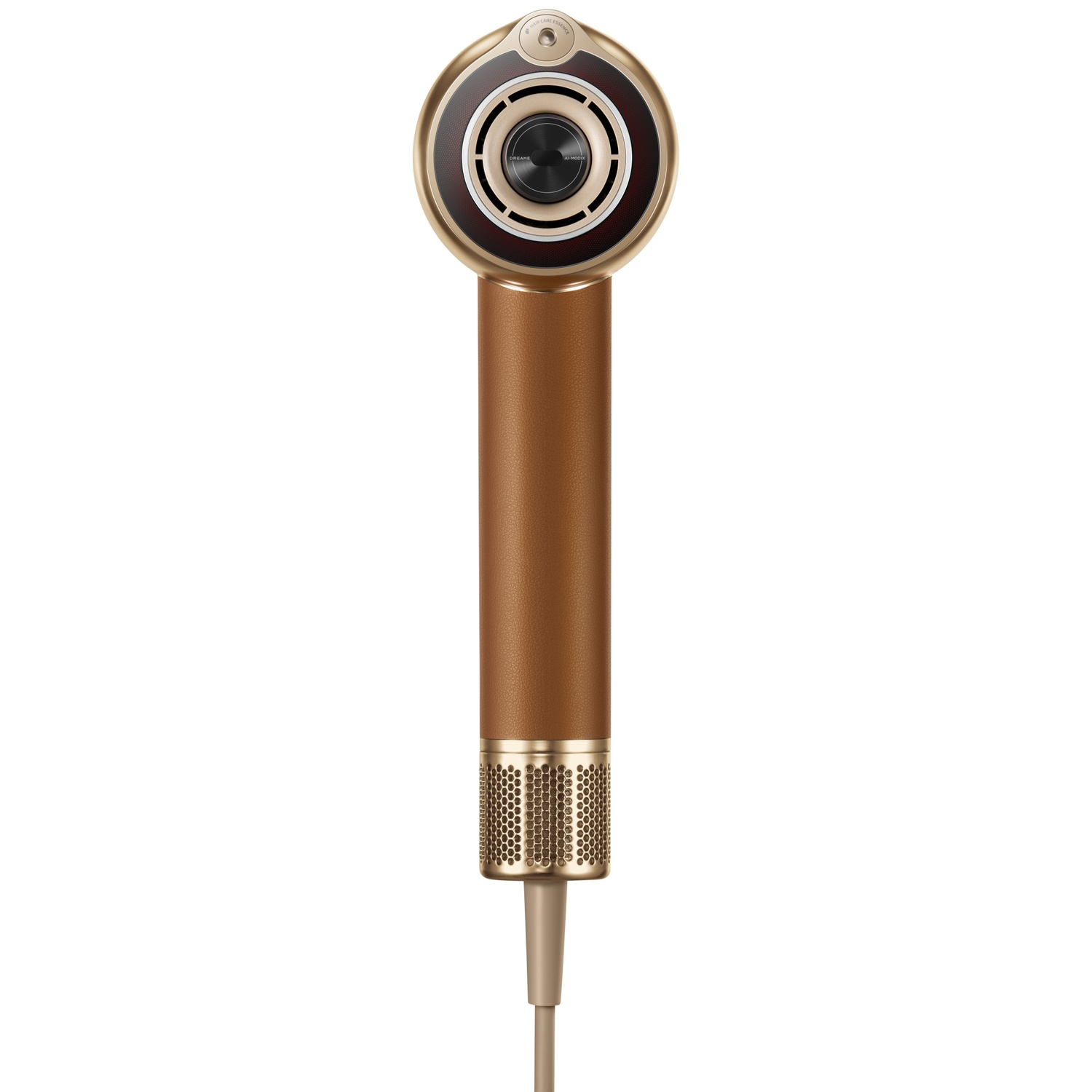 A gold hairdryer with a brown leather handle and a mesh pattern at the bottom.