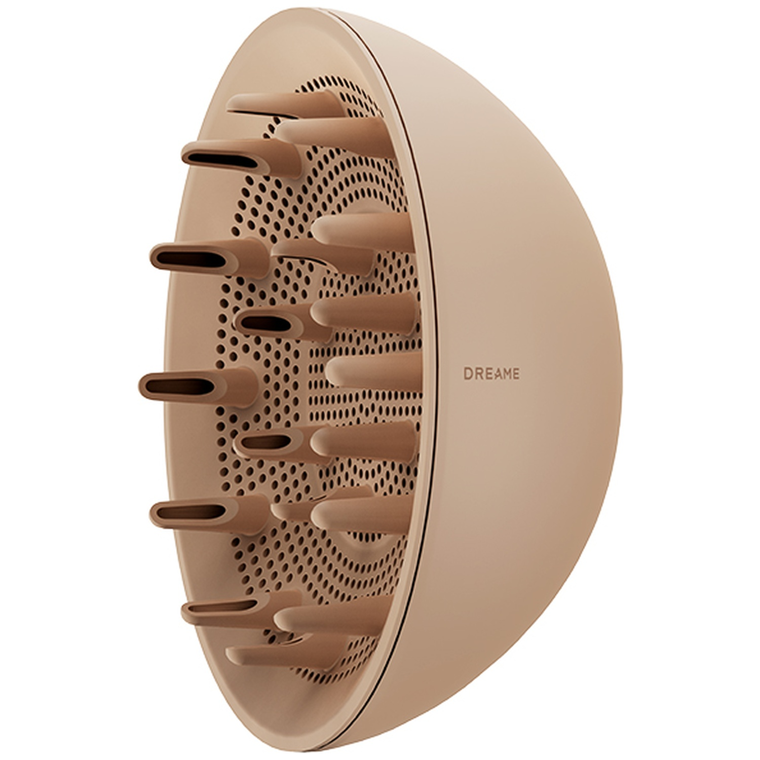 A beige hair dryer diffuser attachment with many small holes and finger-like outlets.