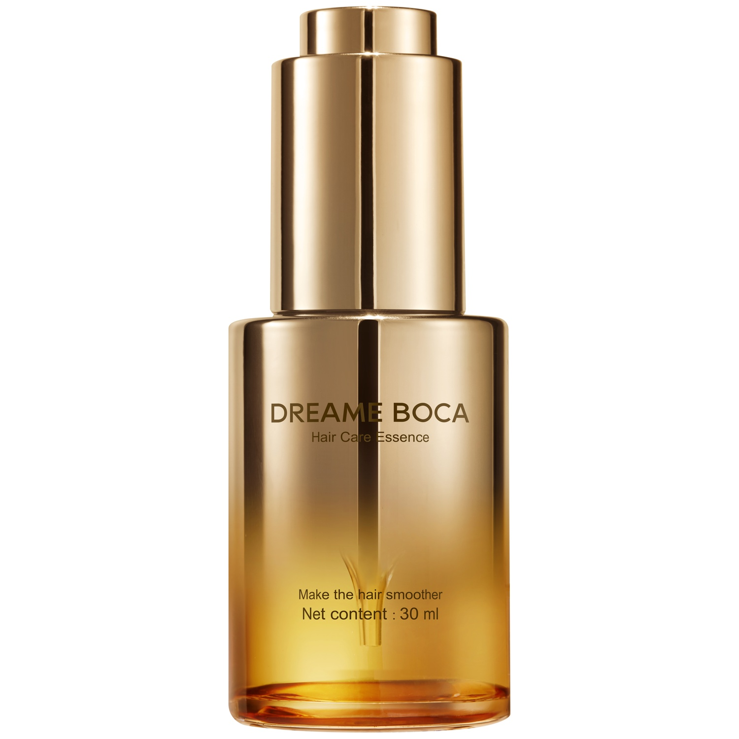 A gold-colored glass bottle of DREAME BOCA Hair Care Essence, 30 ml, with a dropper cap, on a white background.