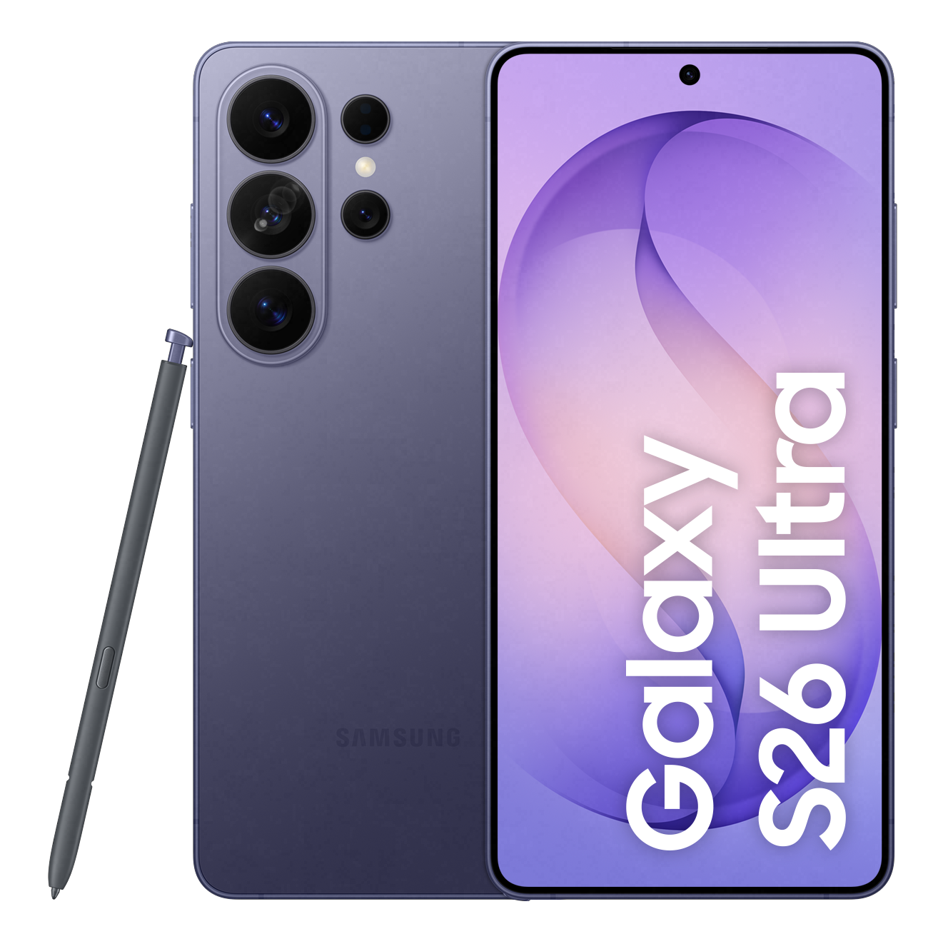 Fioletowy Samsung Galaxy S26 Ultra ze stylusem, czarne tło.