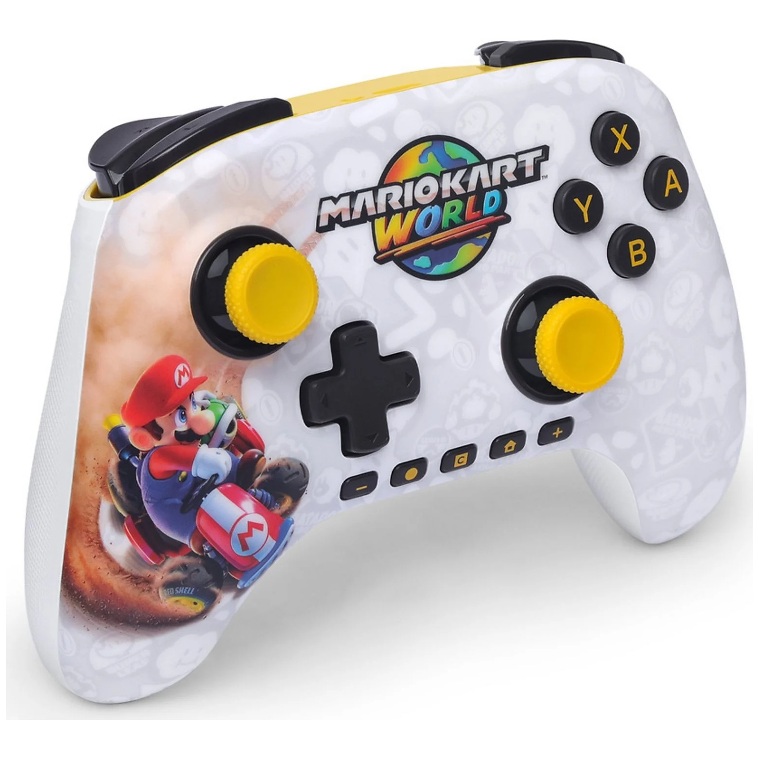 Une manette blanche avec le design Mario Kart World et Mario sur un kart.