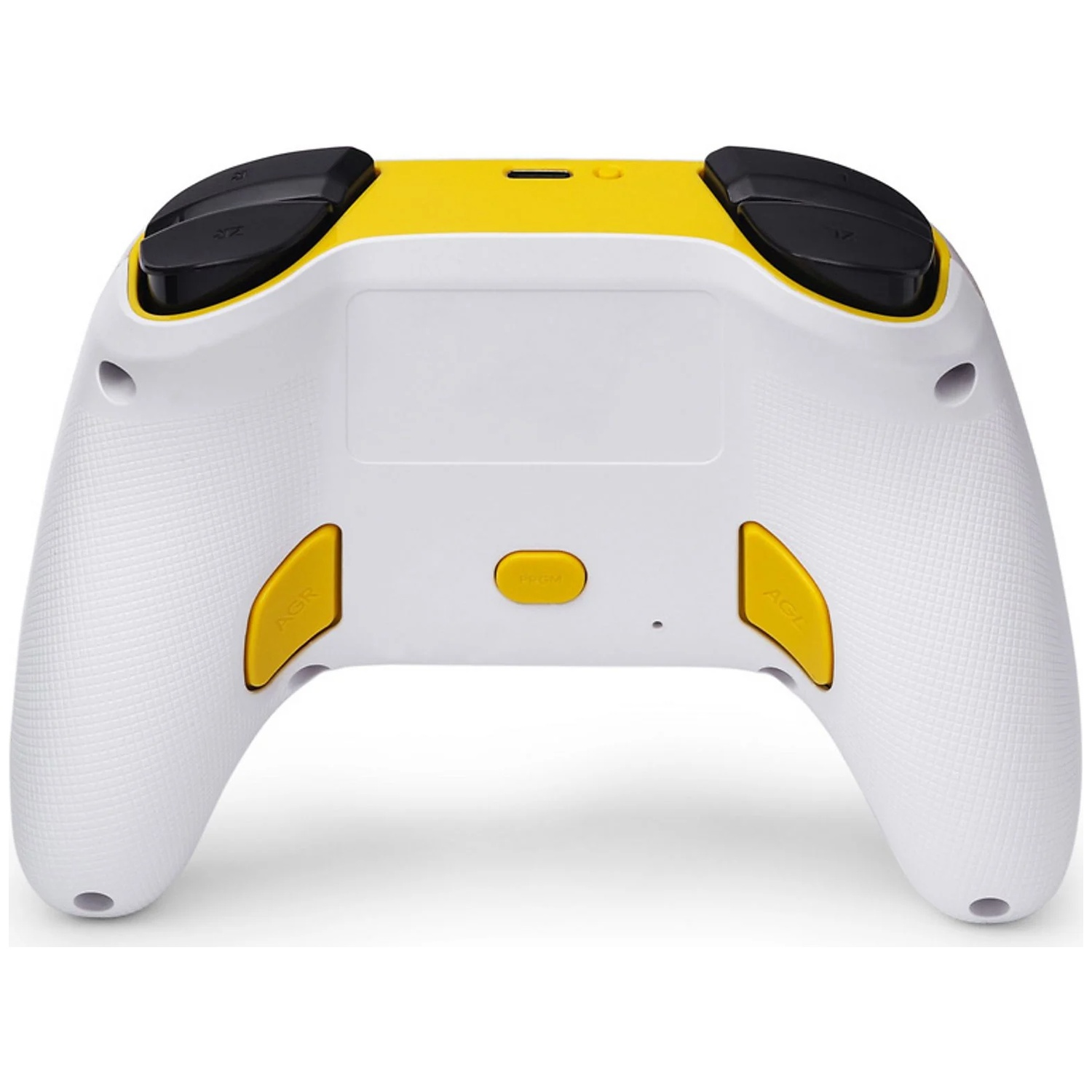 Une manette de jeu blanche et jaune, vue arrière avec boutons noirs et accents jaunes.
