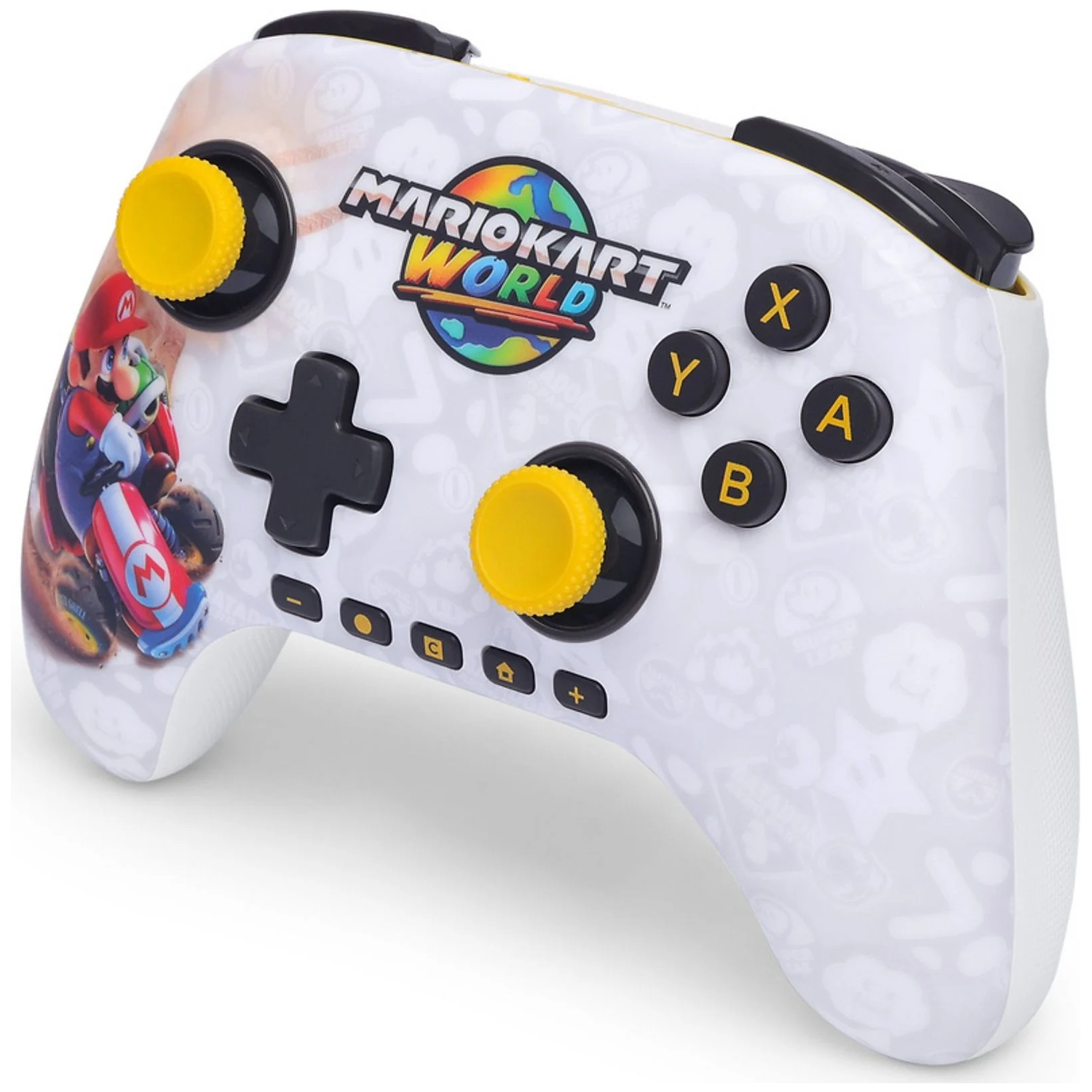 Une manette blanche Nintendo avec Mario sur un kart et le logo Mario Kart World.