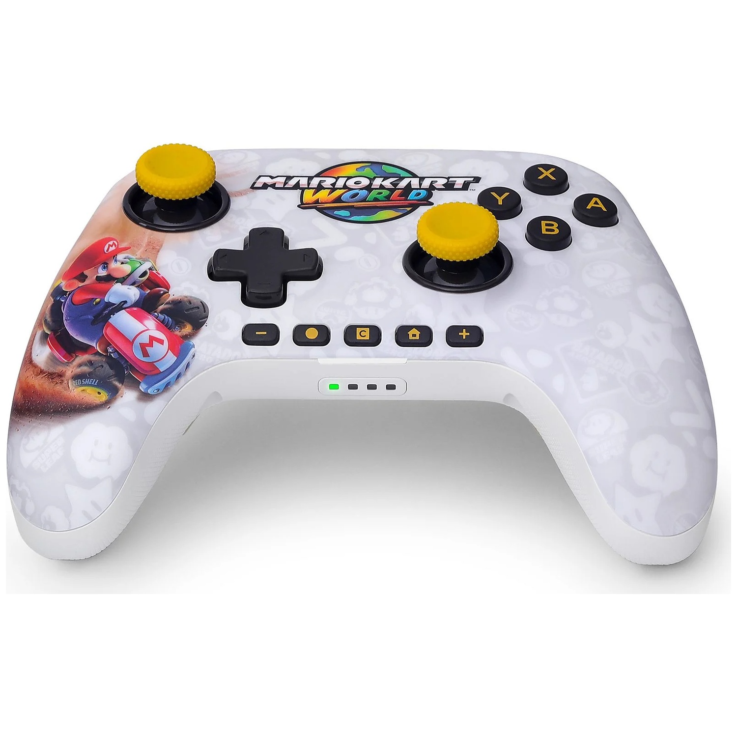 Une manette blanche ornée d'art Mario Kart World, de joysticks et boutons jaunes.