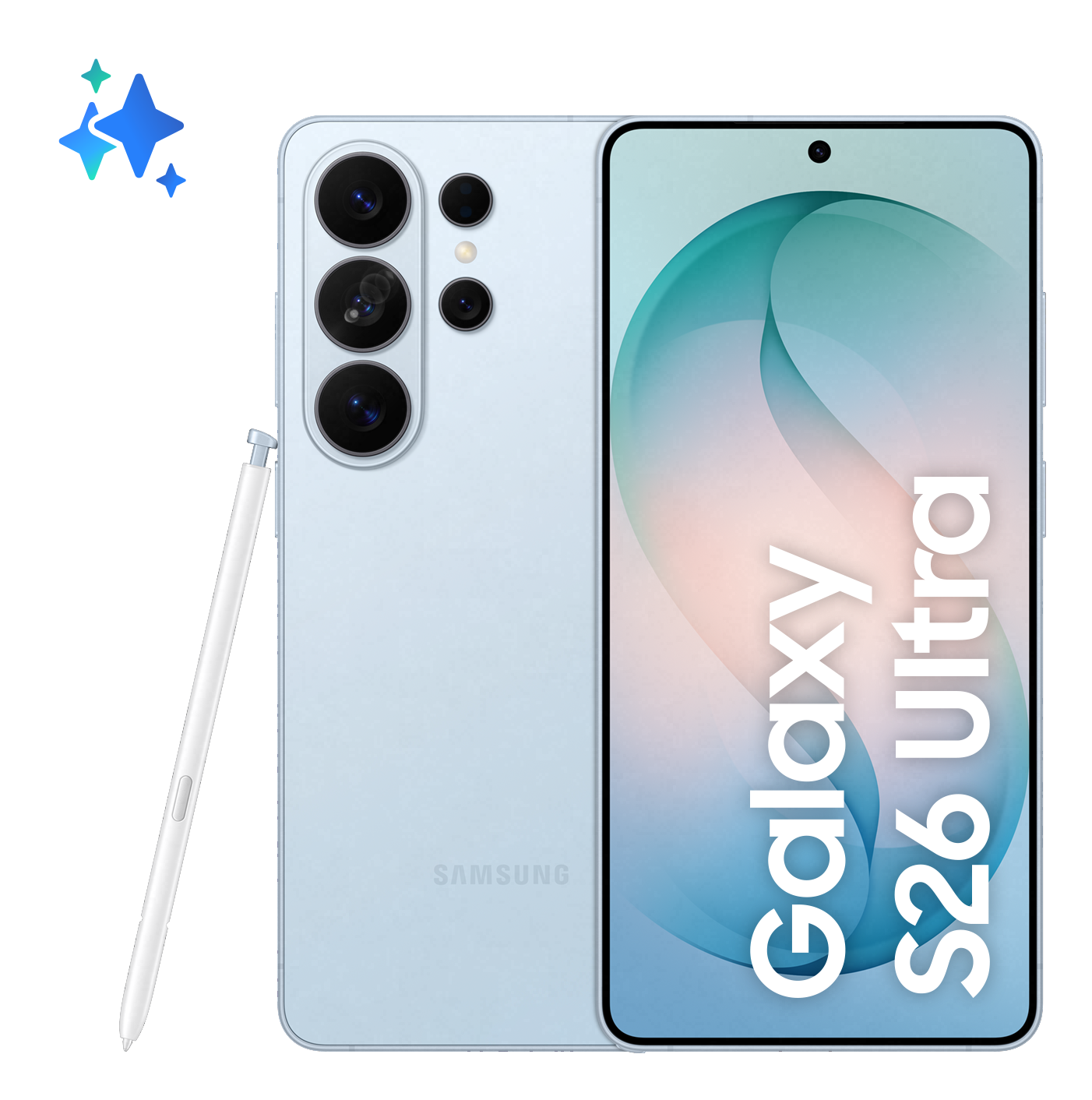 Jasnoniebieski Samsung Galaxy S26 Ultra z S Penem i gwiazdkami.