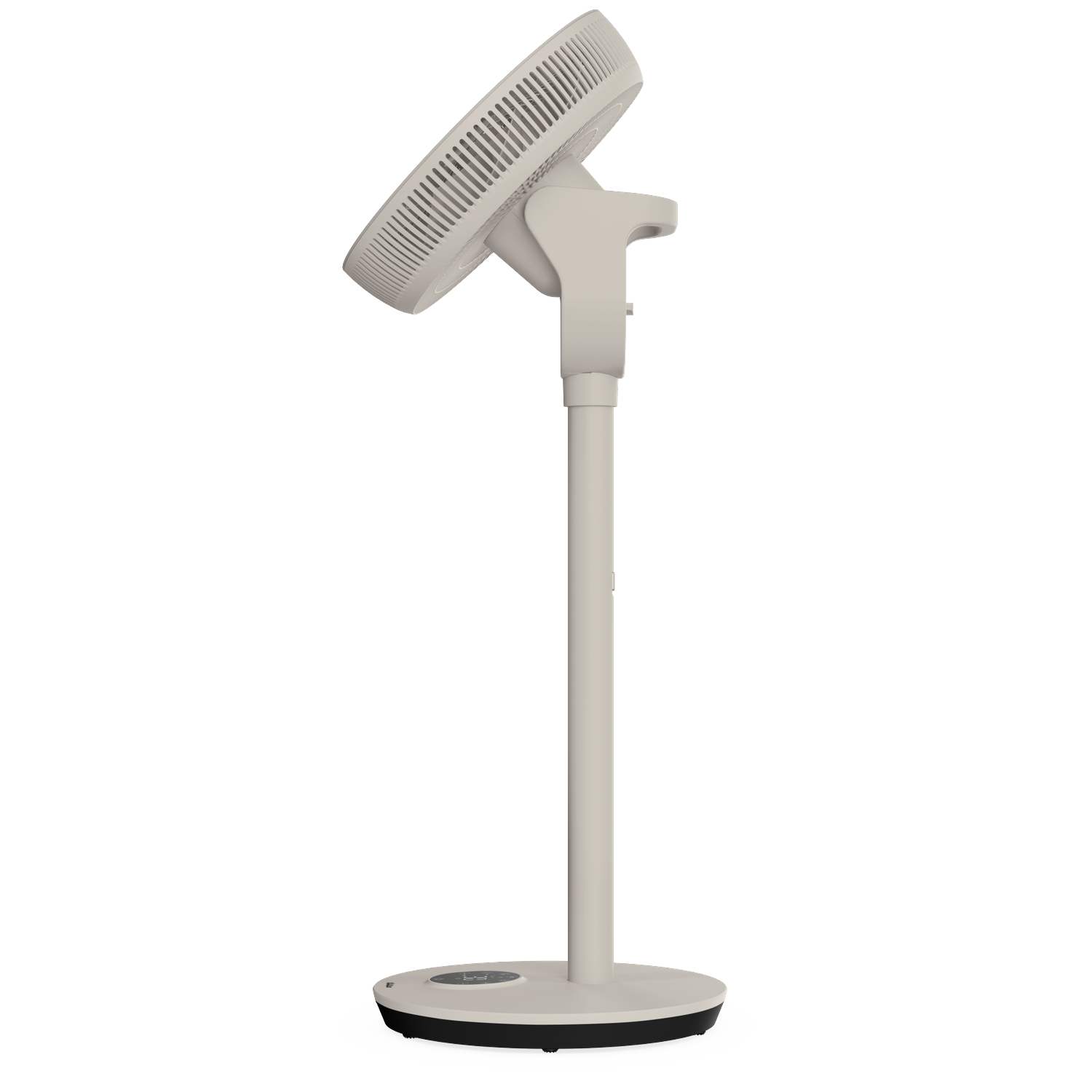 A beige standing fan with a round base and adjustable head.