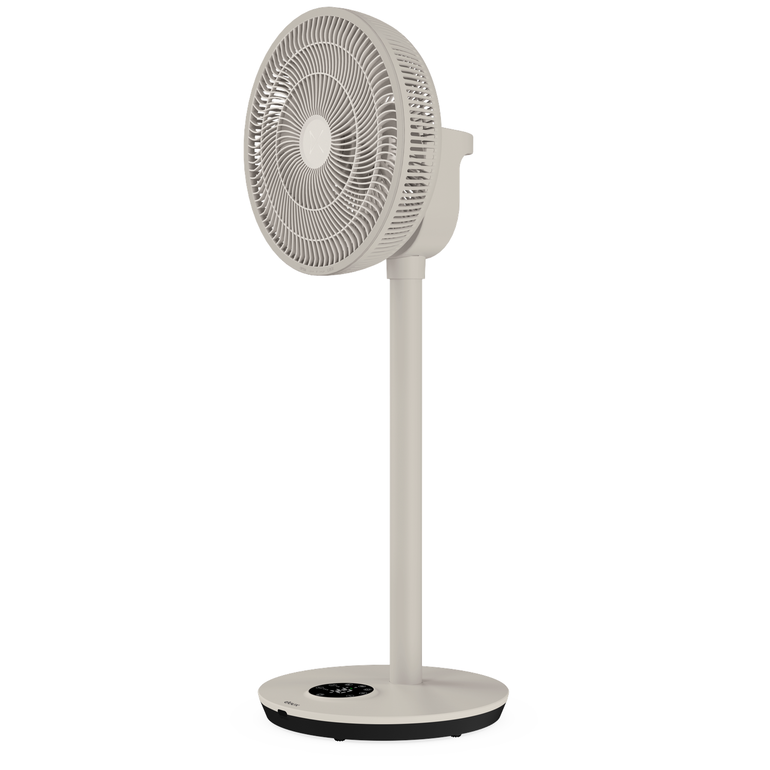 A beige standing fan with a round base and control panel.