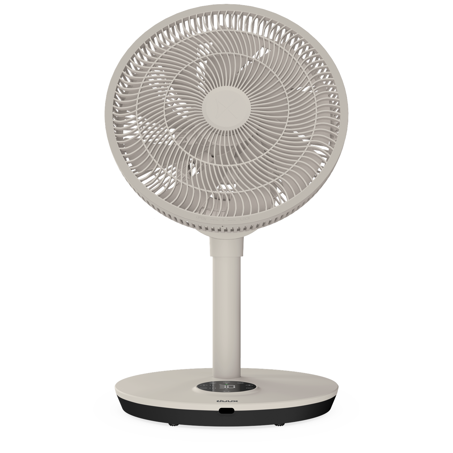 A light-colored fan on a black background with digital displays.