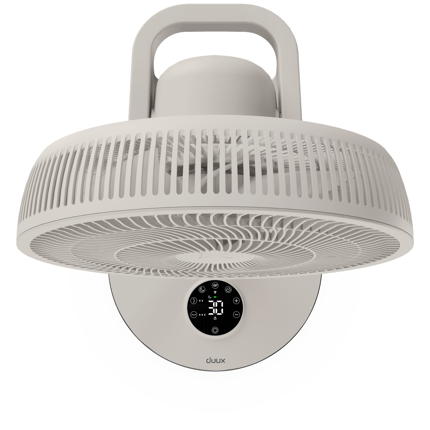 A white fan with a display and handle on a black background.