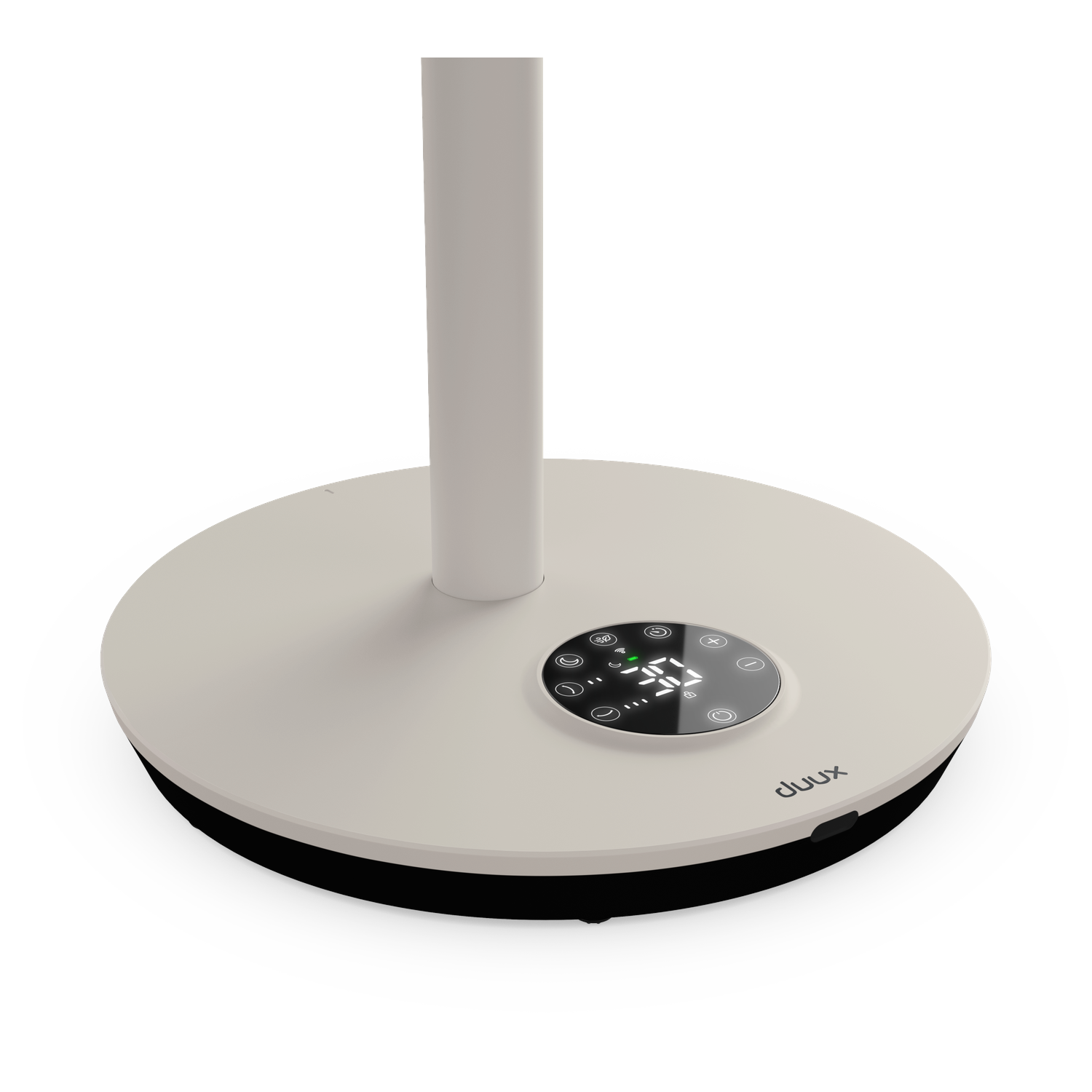 A white fan base with a digital display and the 