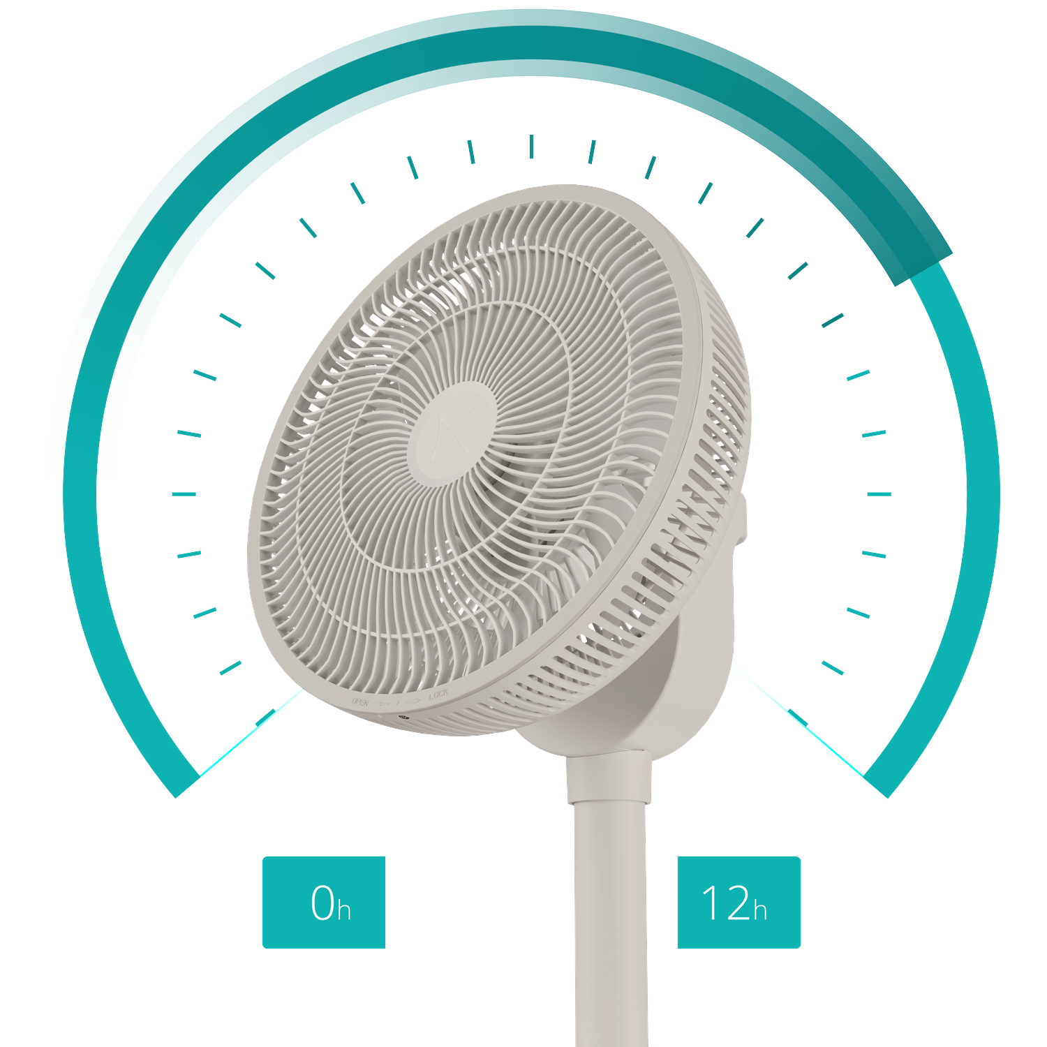 A white standing fan with a timer display from 0h to 12h.