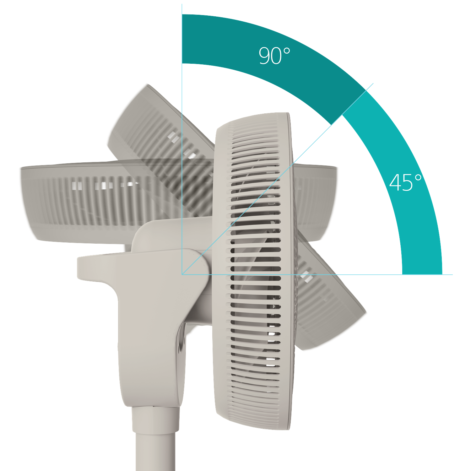 A fan showing 45° and 90° oscillation angles on a white background.