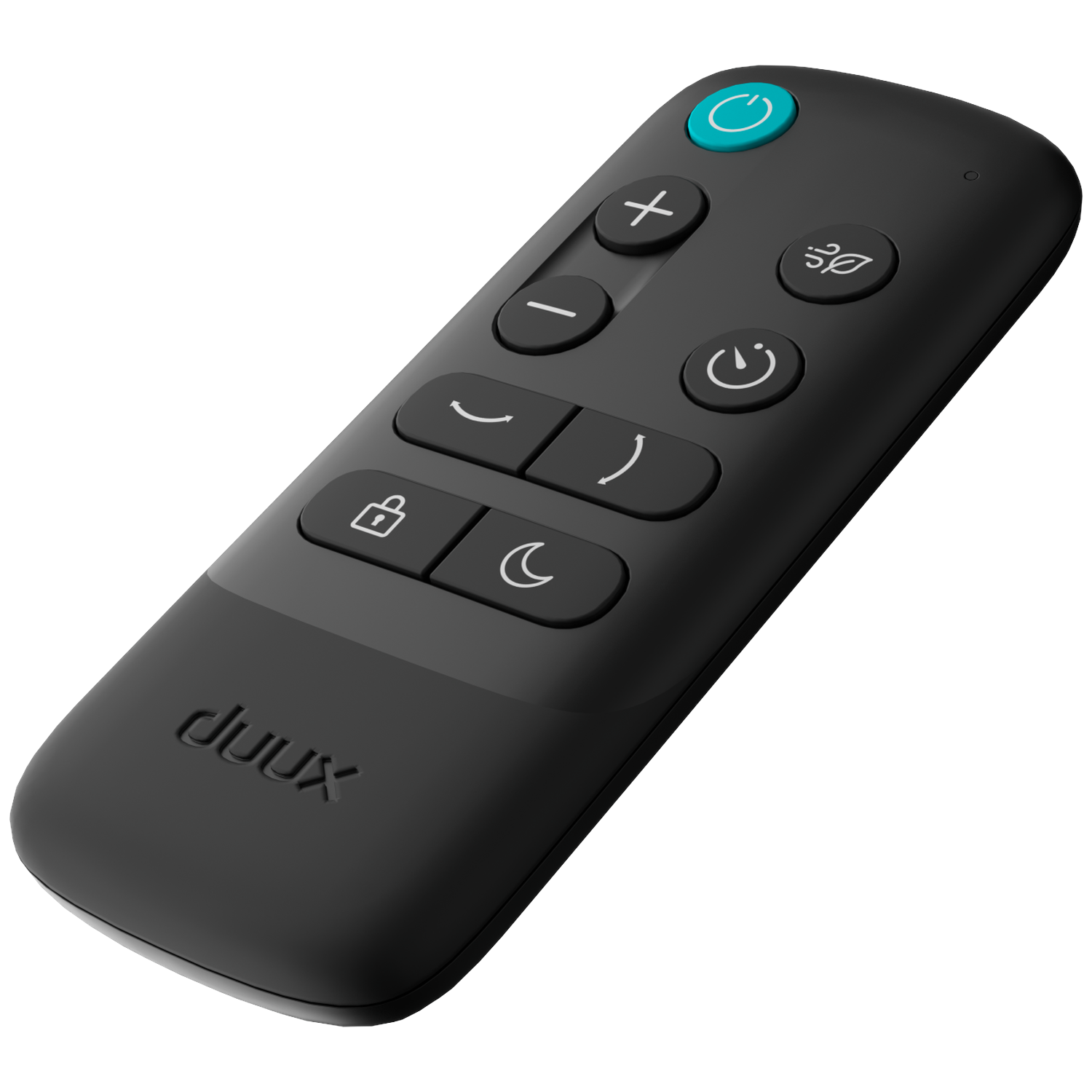 Black remote control with a blue power button and icons for volume and night mode.