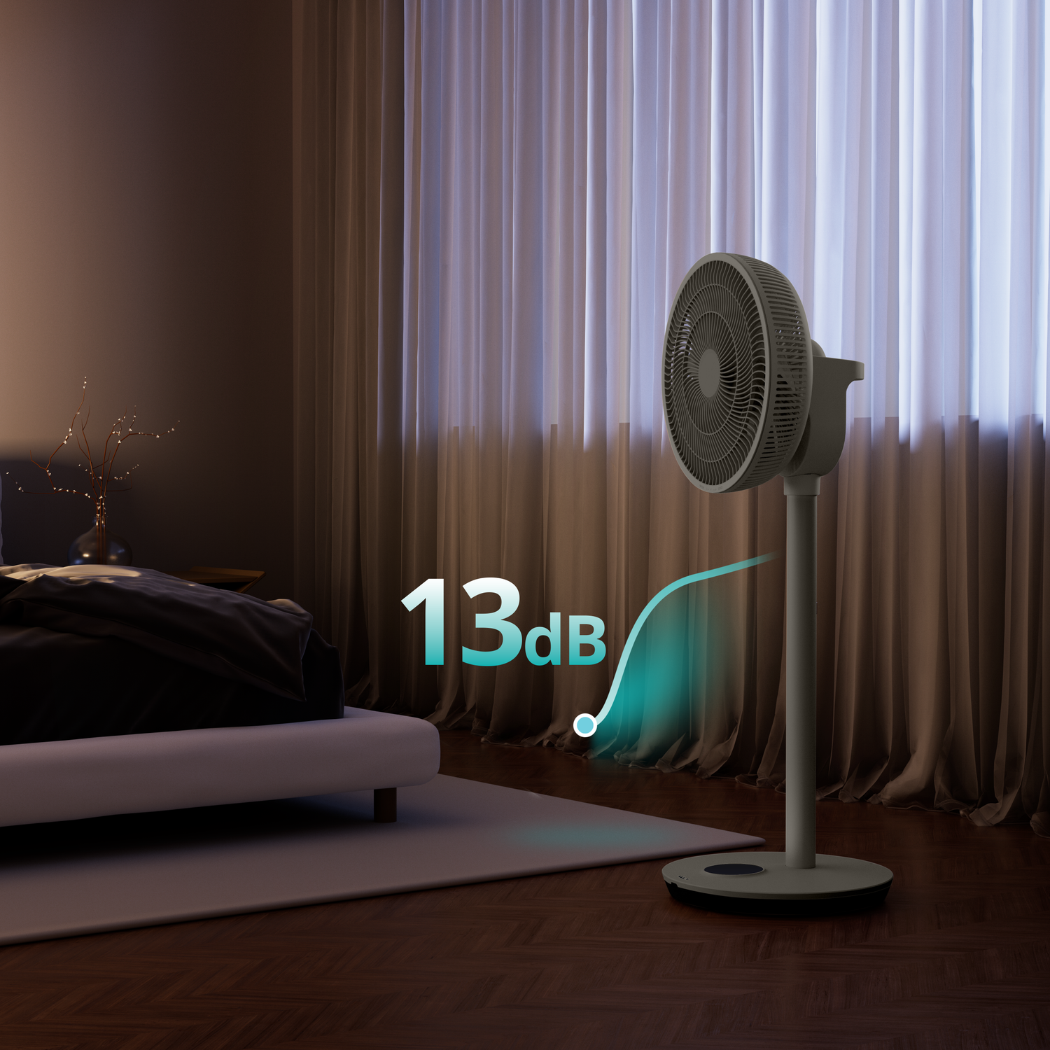 A fan in a bedroom displays 13dB, next to a bed and curtains.