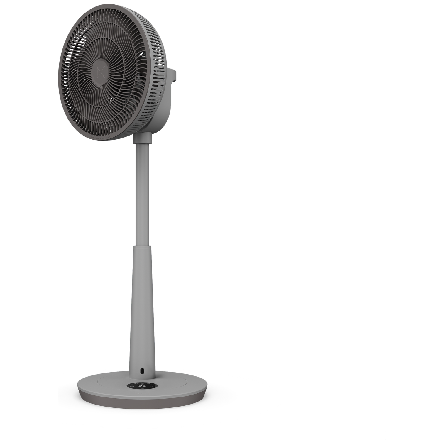 A gray standing fan with a round head and a digital display on its base.
