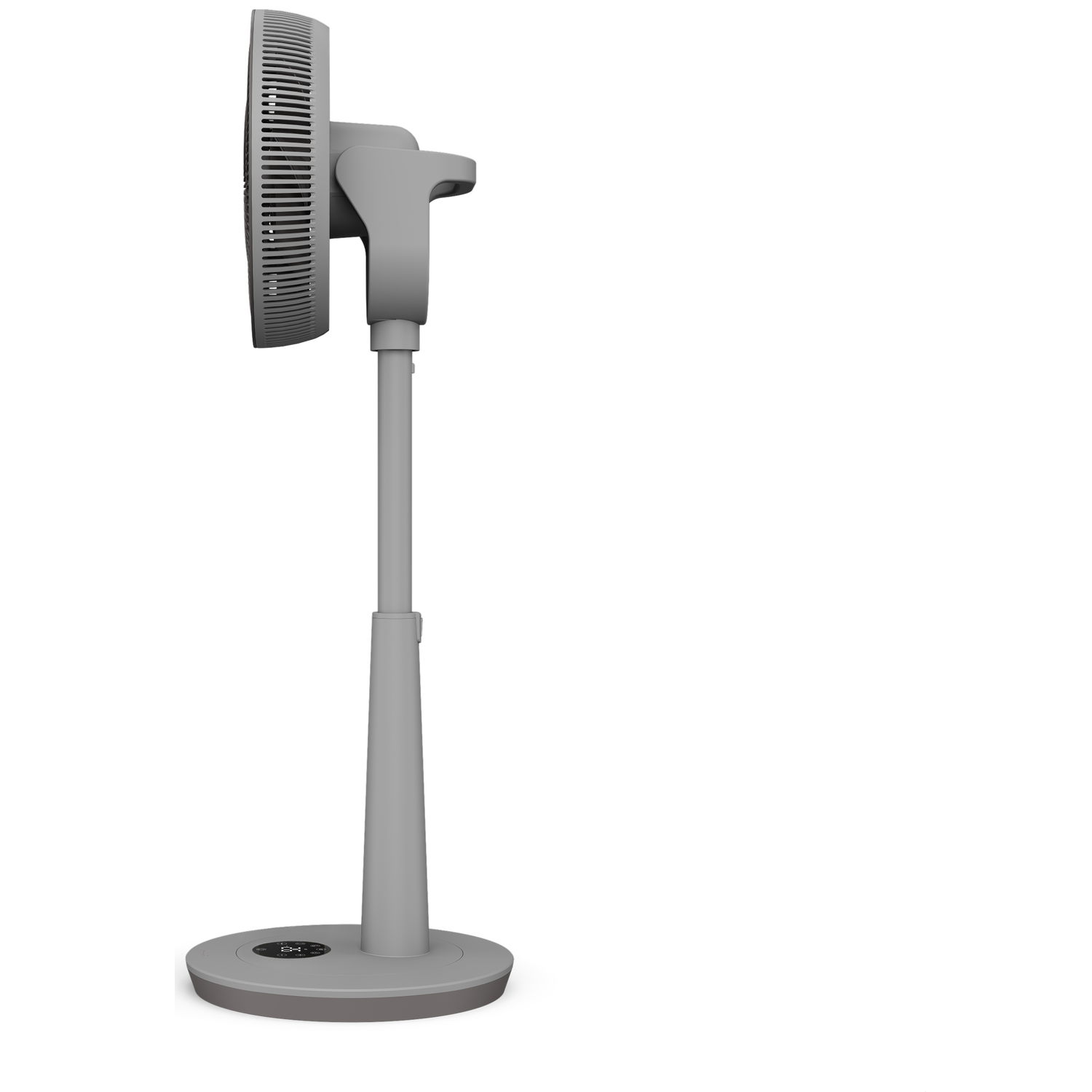 Gray pedestal fan with a round base and digital display.