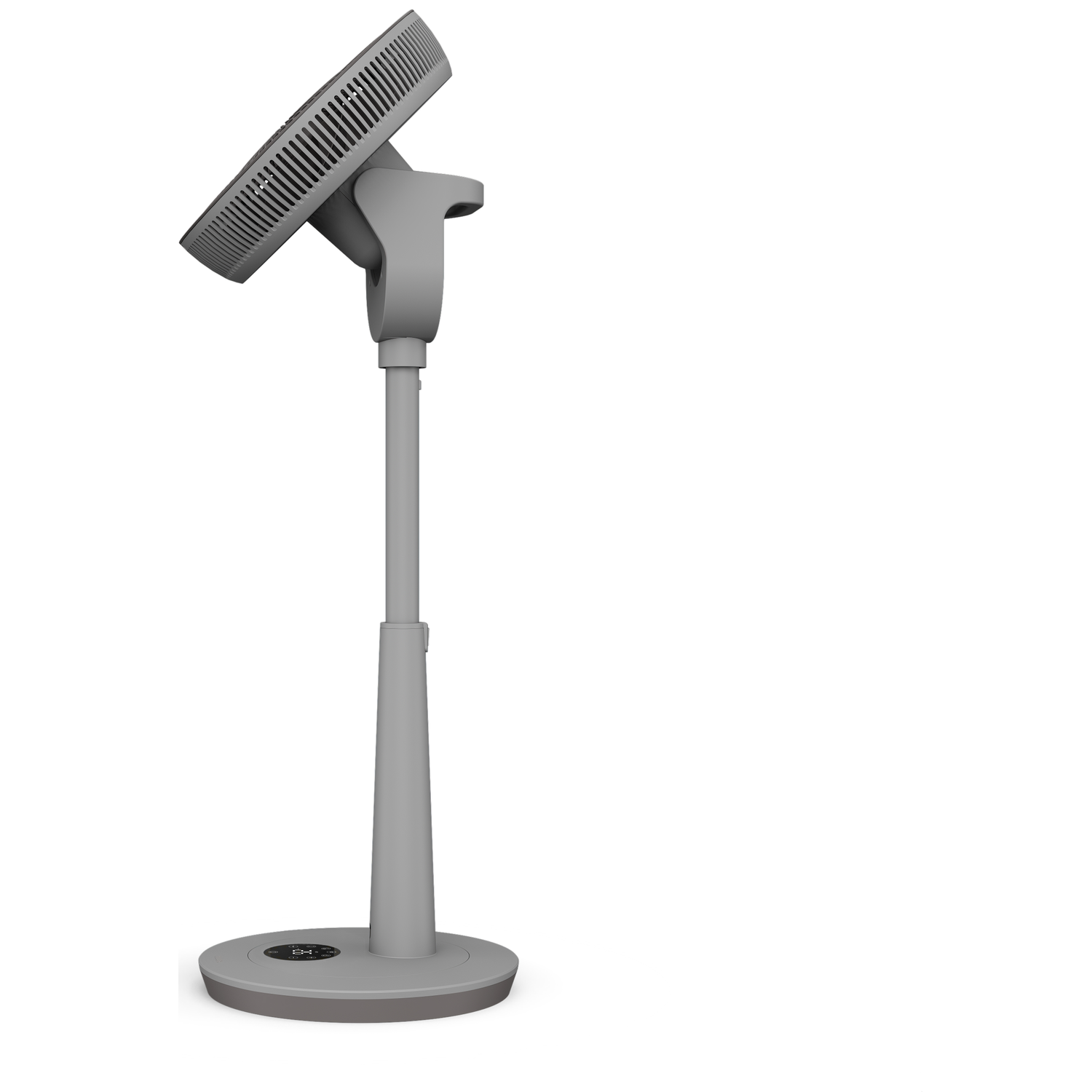 A gray standing fan with a round base and adjustable stem.