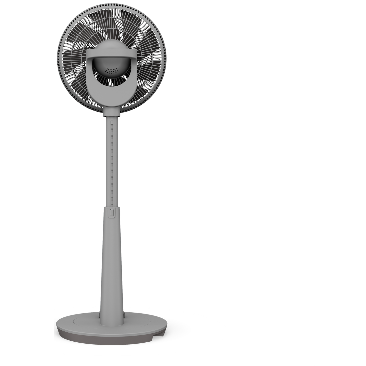 Gray standing fan with a round base and adjustable pole.