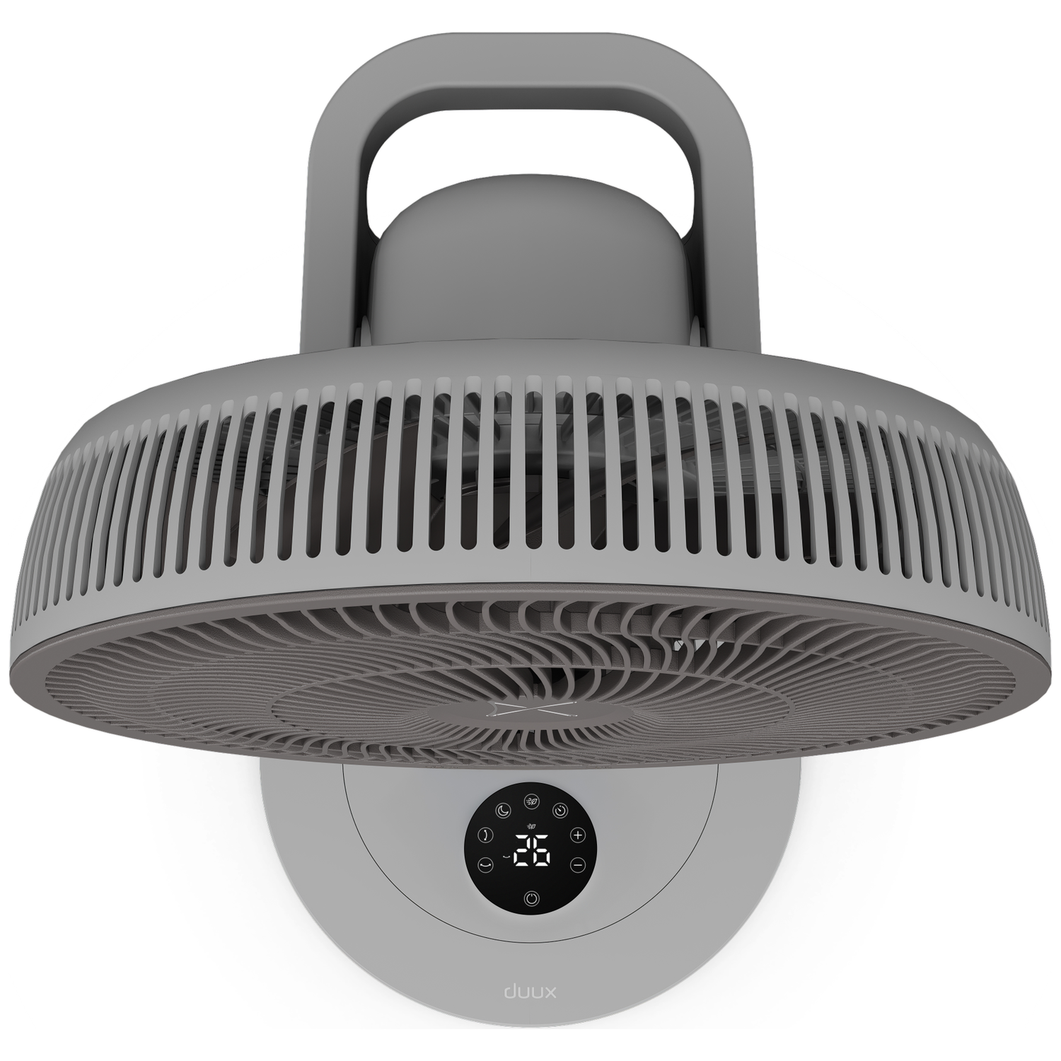 A gray fan with a digital display showing 26 degrees, mounted on a white background.