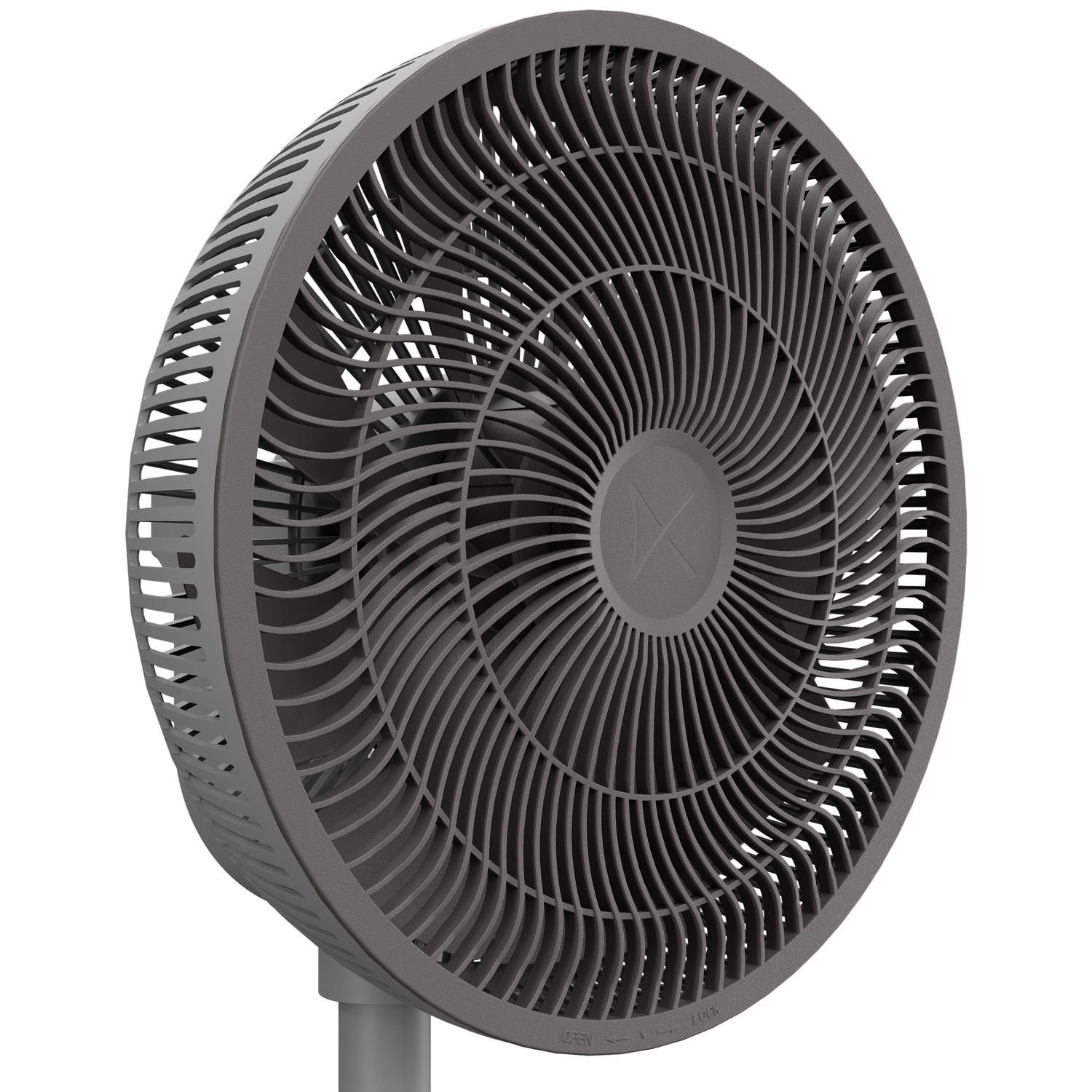 Gray fan with wavy grille and open/lock markings.