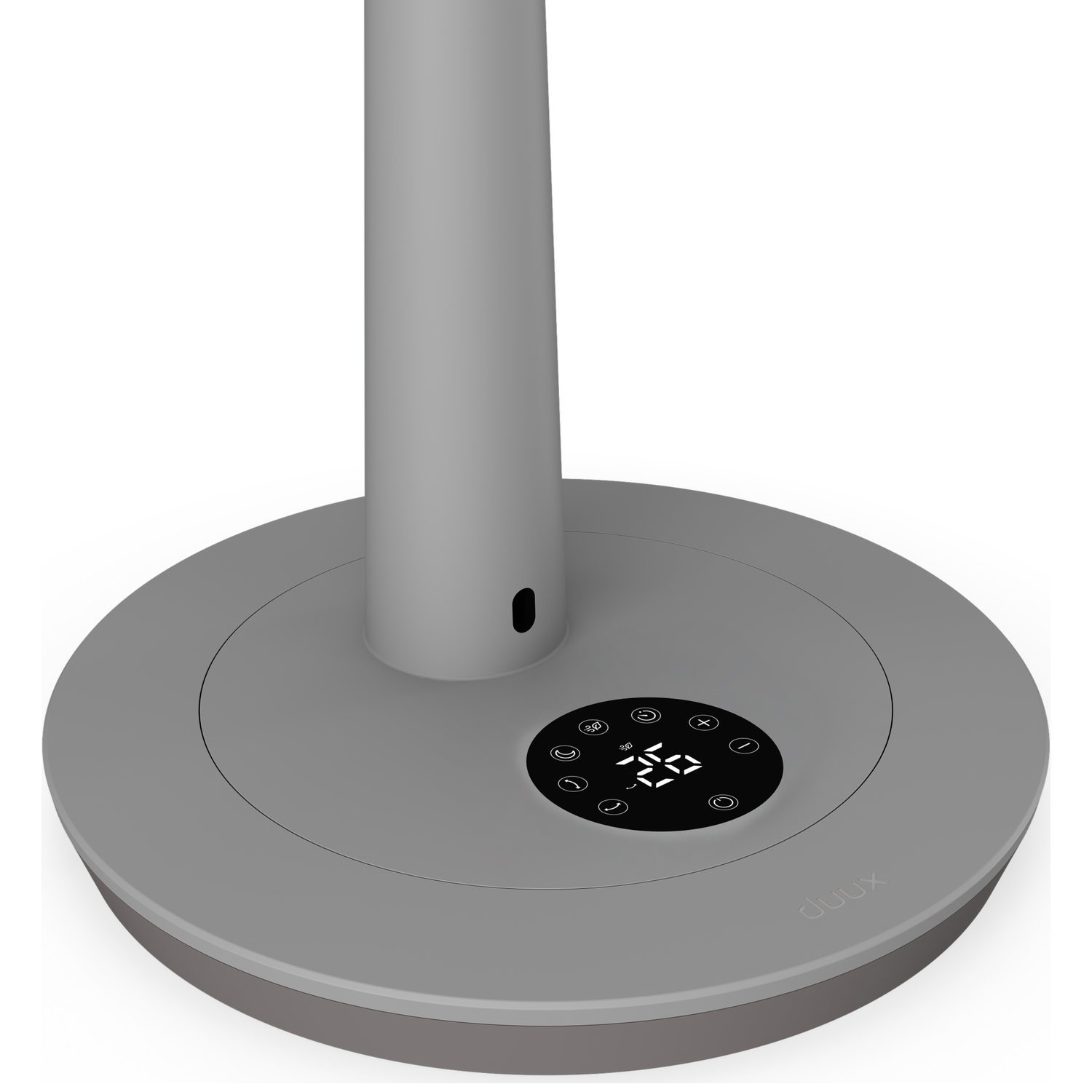 Gray fan base with a black control panel showing a digital display.