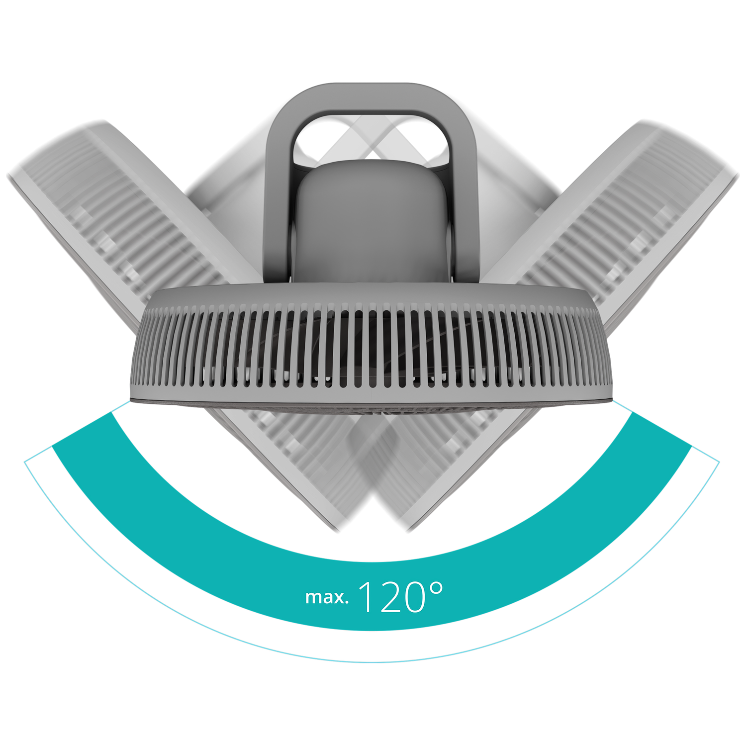 Gray fan with adjustable wings, max. 120 degrees.