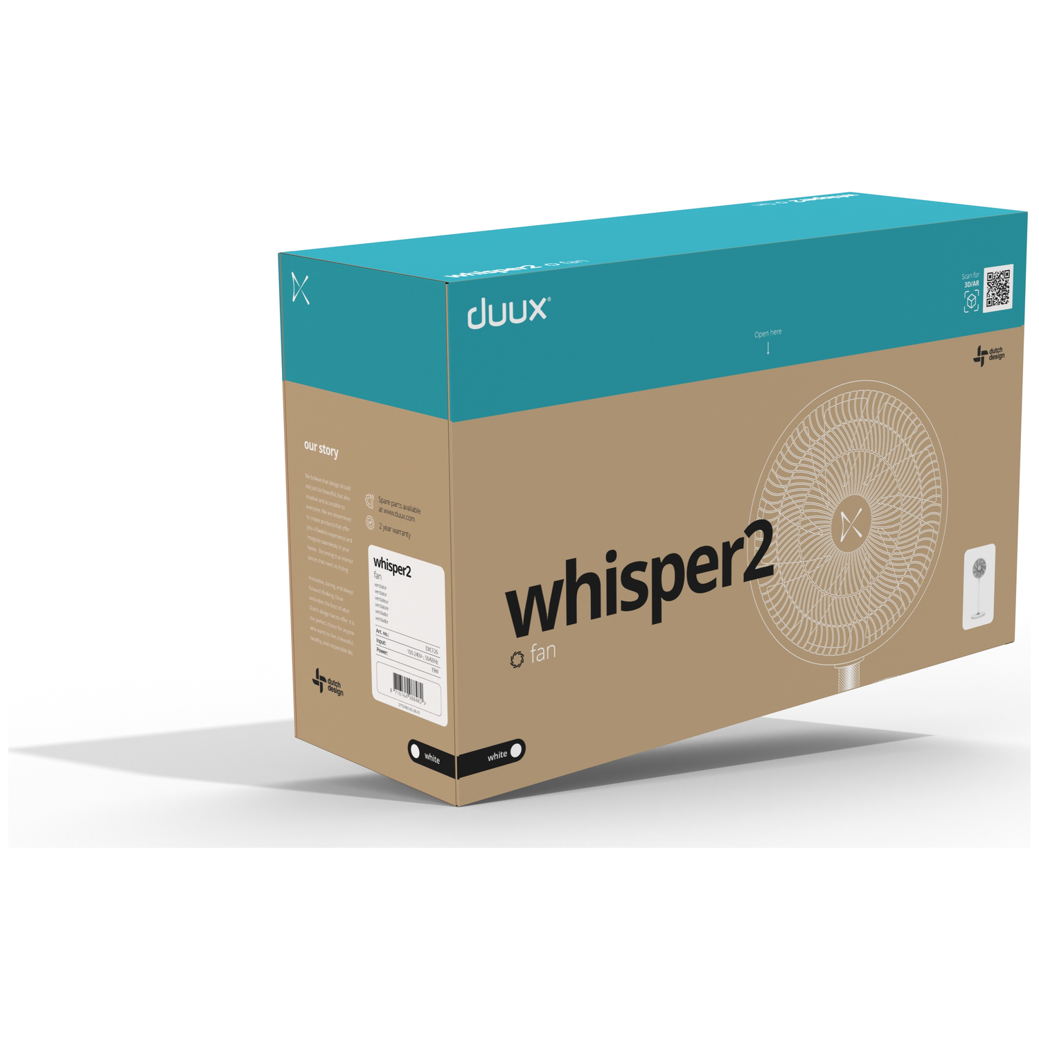 Box of a white Duux Whisper2 fan, showing product image and information.