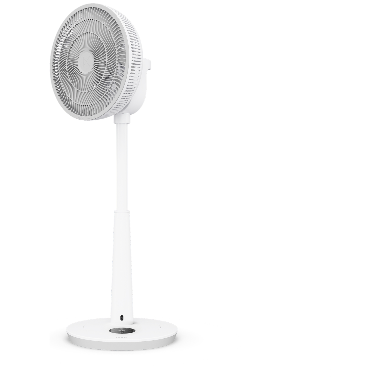 A white standing fan with a round base and a digital display.