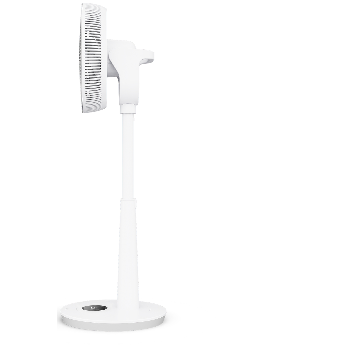 A white standing fan on a white background, shown from the side.