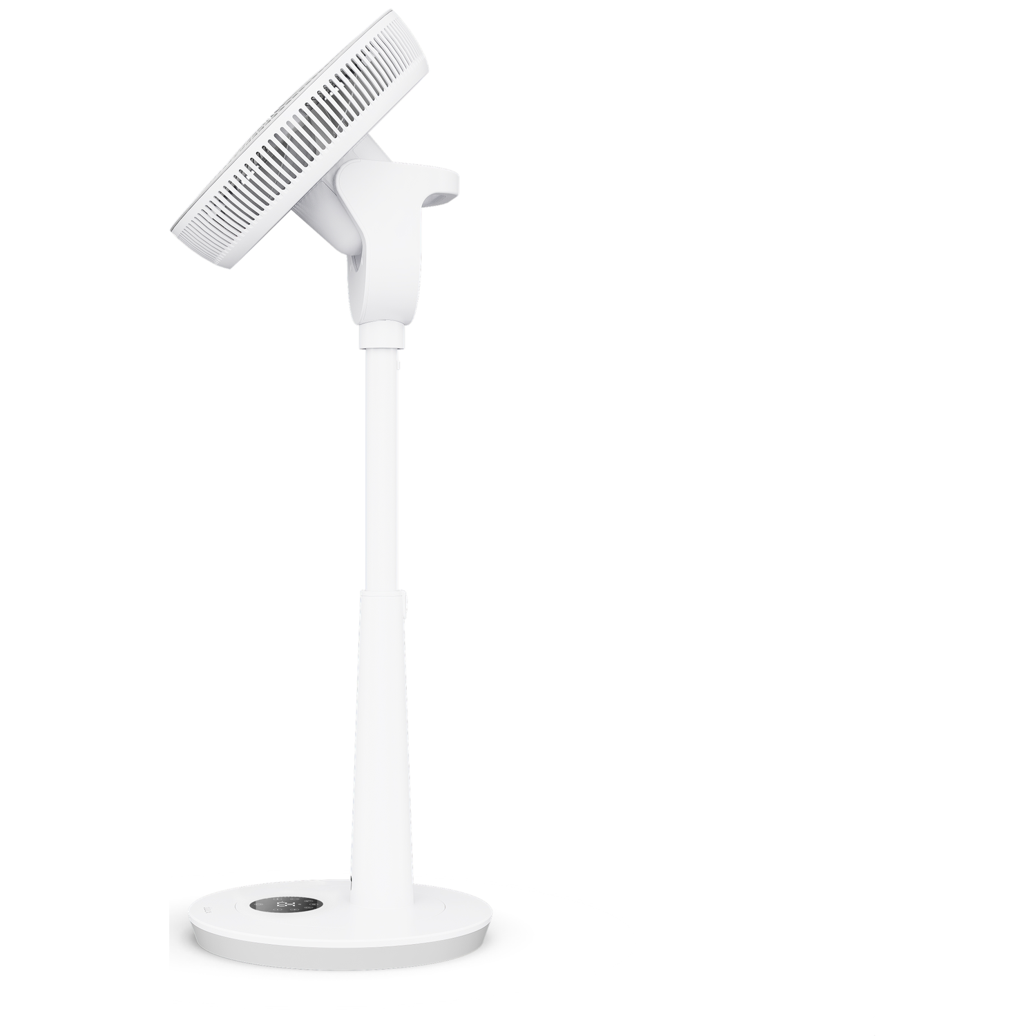 A white standing fan with a round base and digital display.