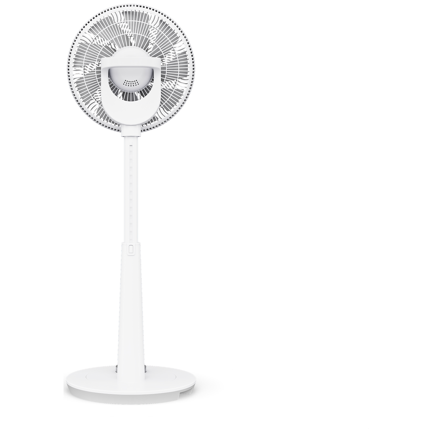 A white pedestal fan with a round base and adjustable stand.
