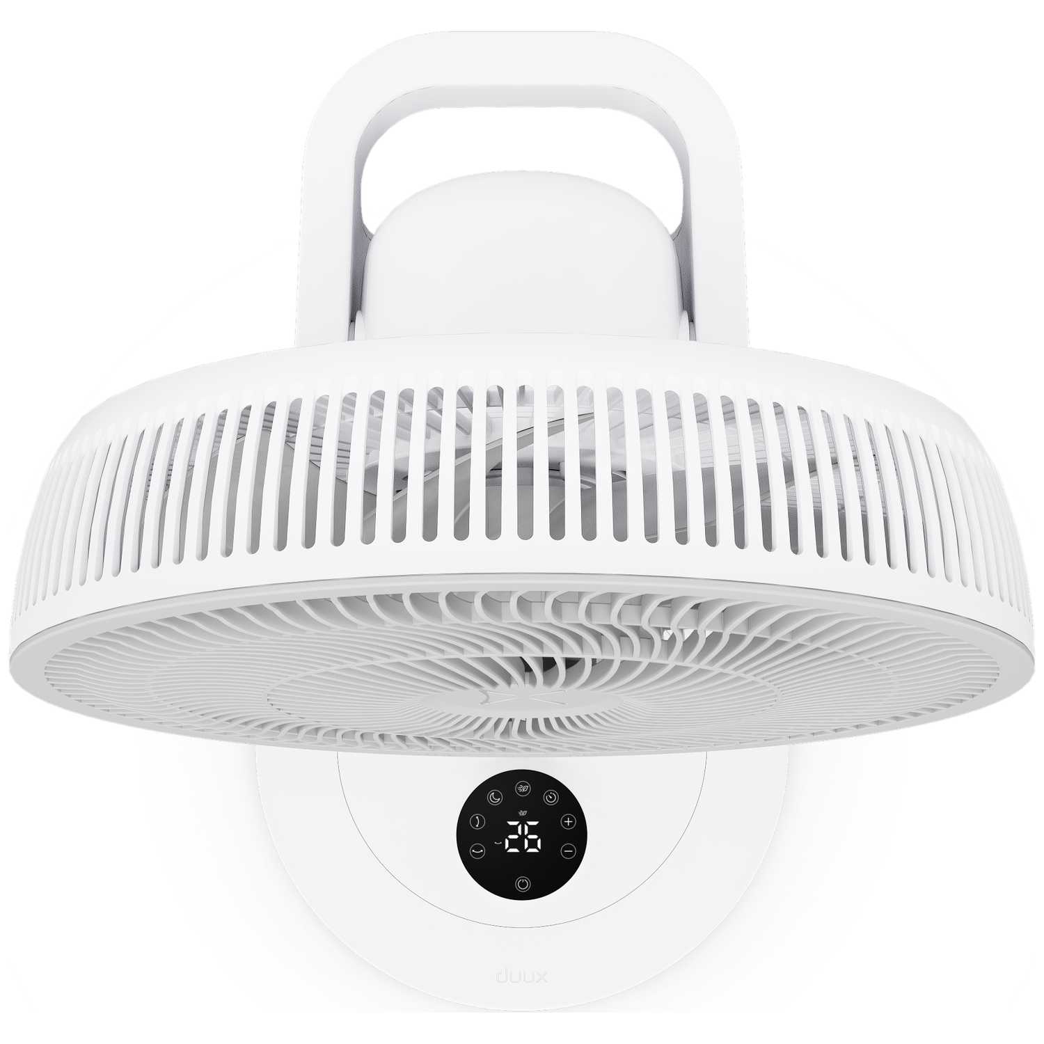 A white fan with a handle and digital display, mounted on a wall.
