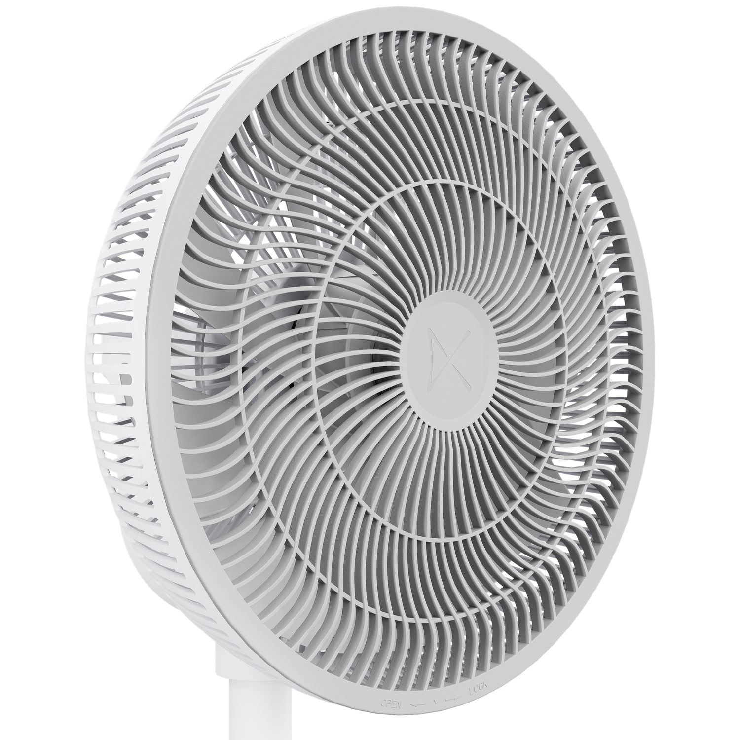 A white fan with a grille of curved slats and a logo in the center.