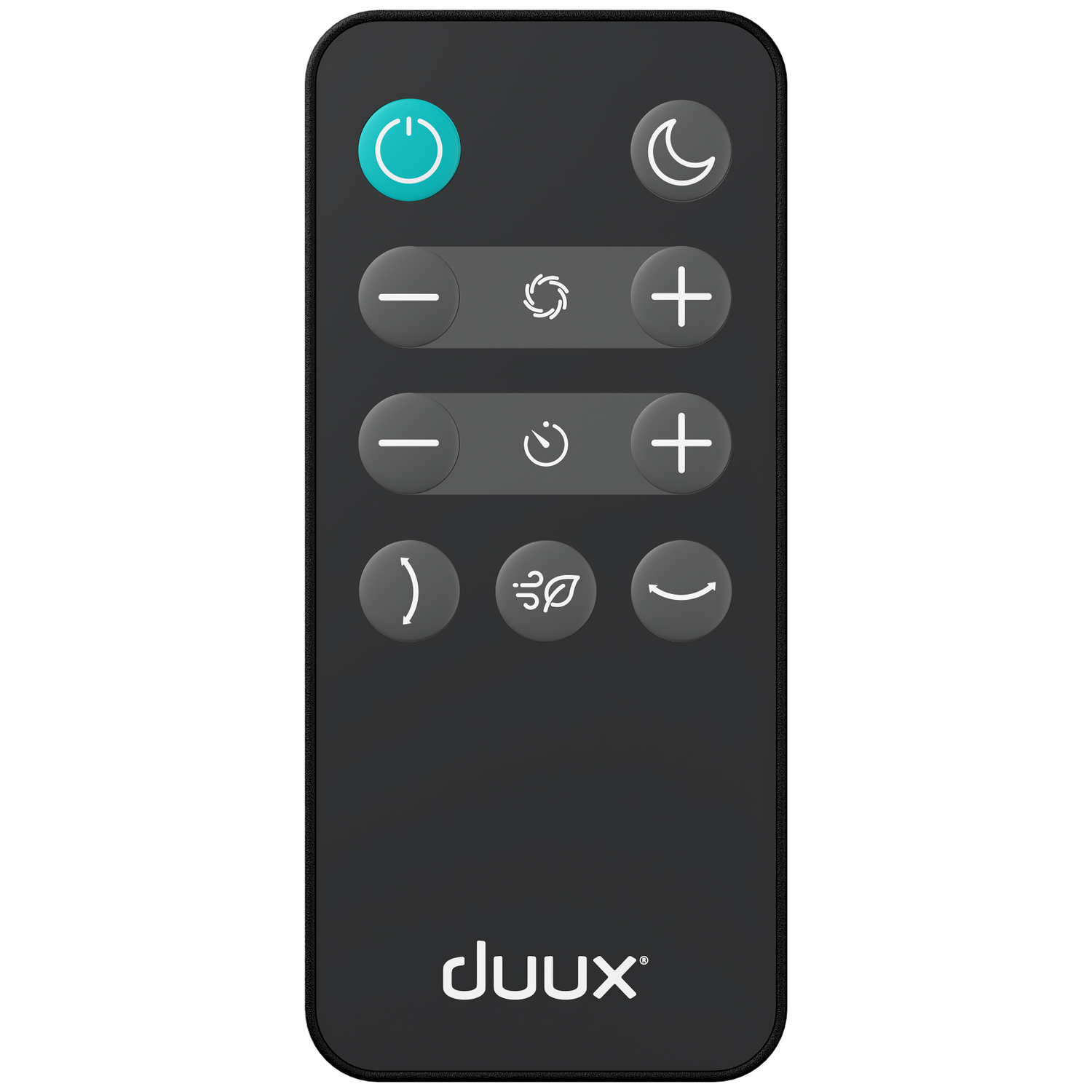 Black remote control with power, moon, fan, and timer icons.