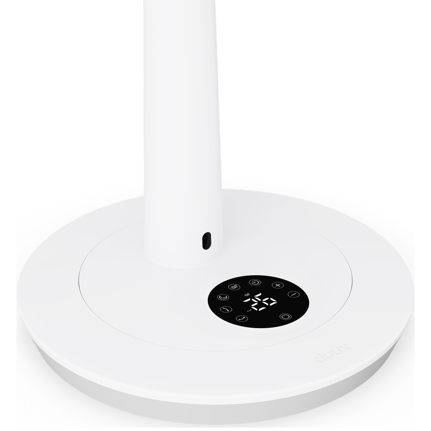 White fan base with digital display and controls.