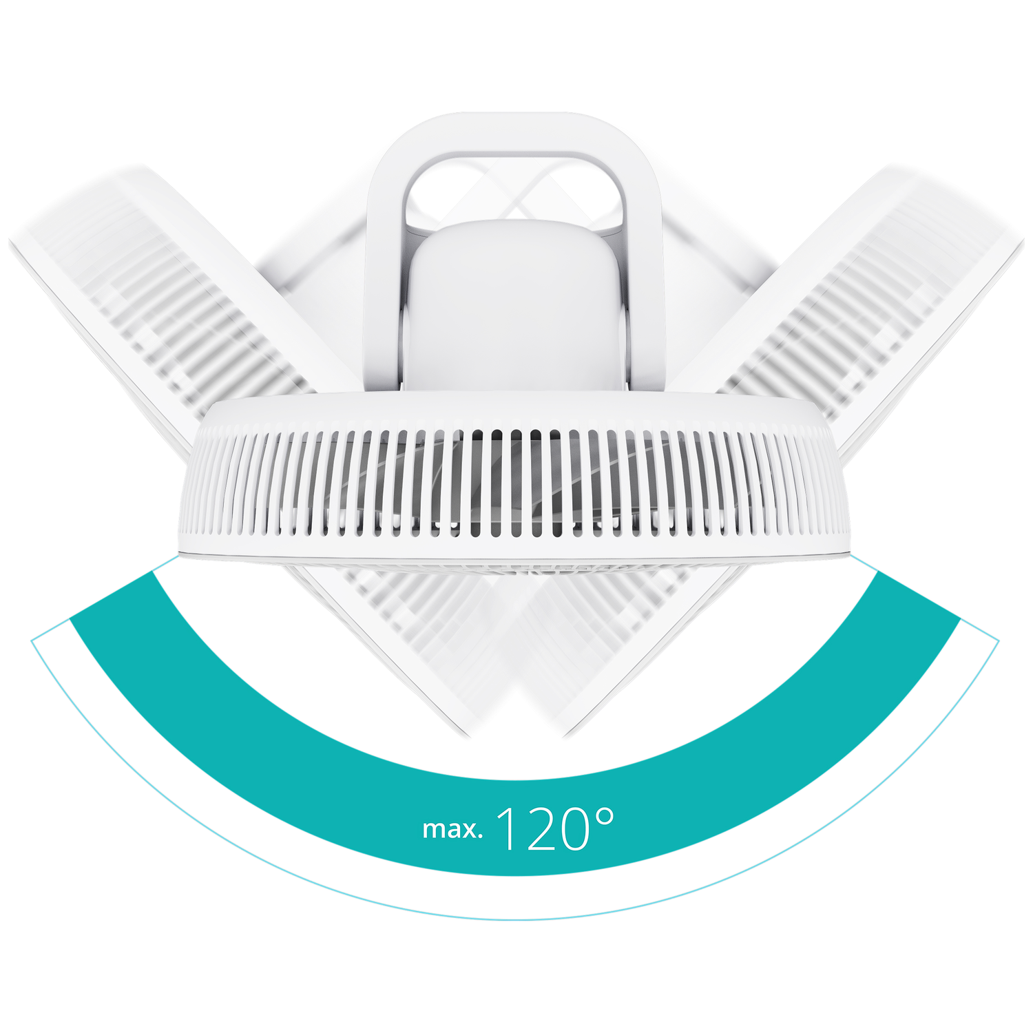White ceiling fan with three adjustable blades, showing max 120° spread.