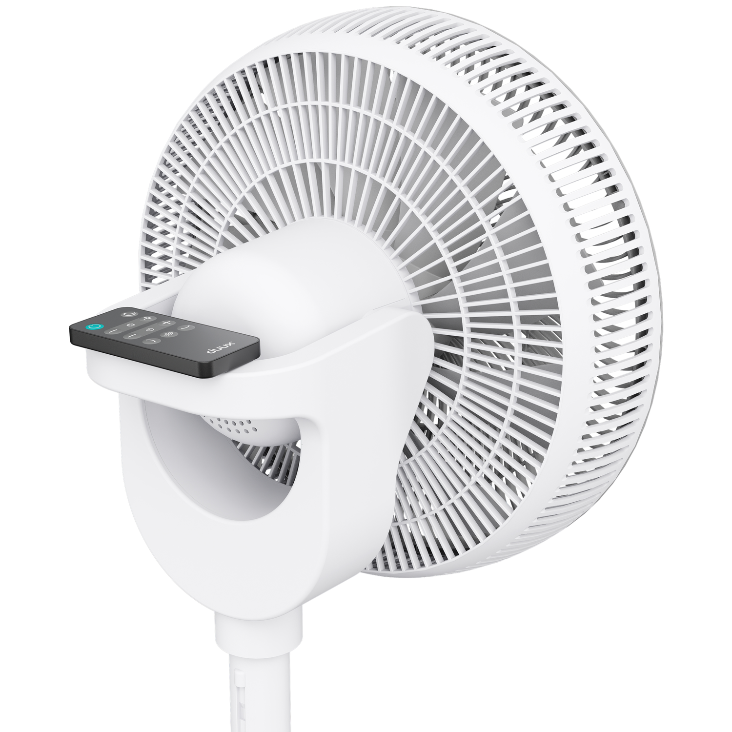 A white standing fan with a remote control resting on its stand.