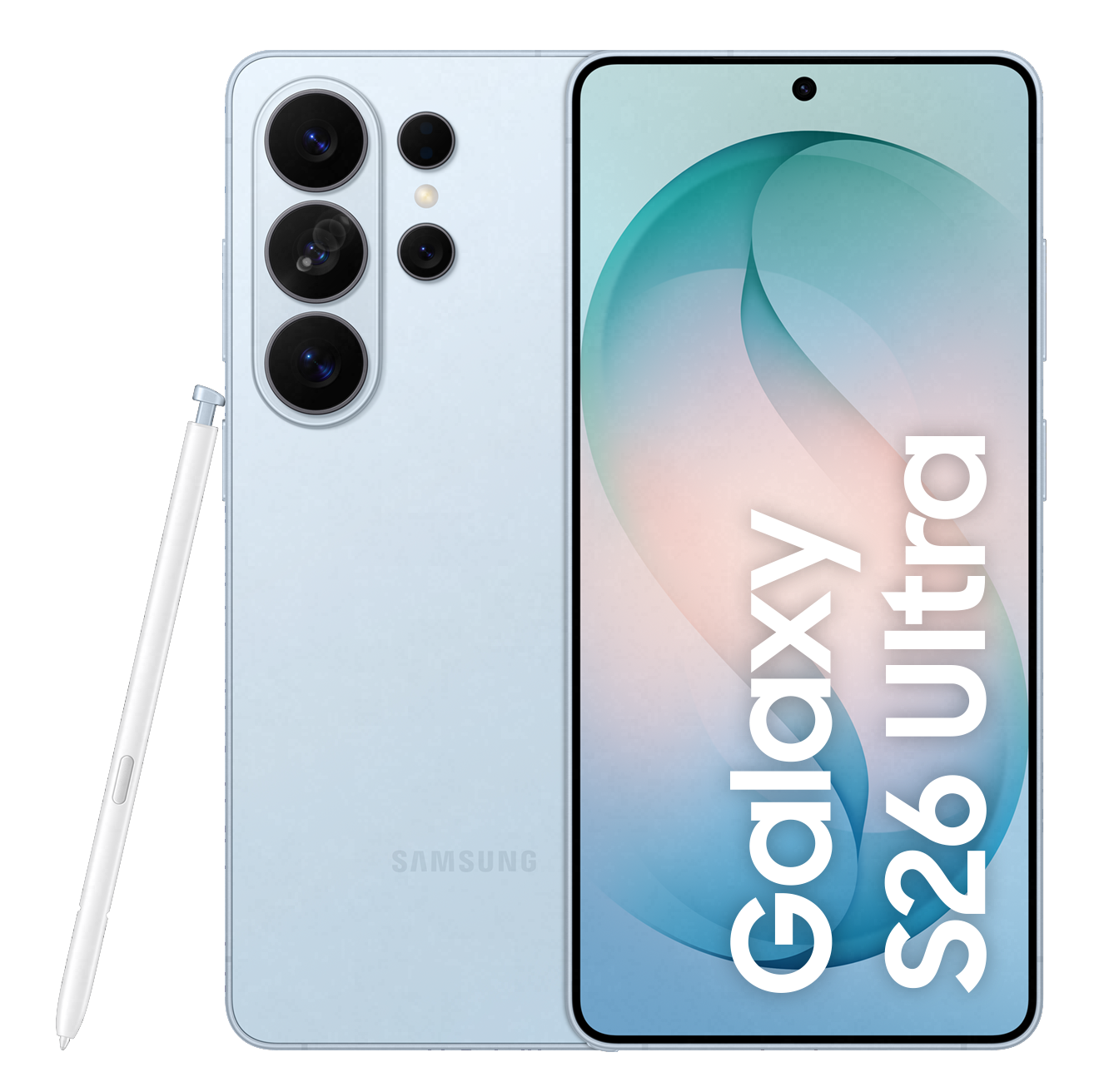Jasnoniebieski Samsung Galaxy S26 Ultra ze stylusem na czarnym tle.