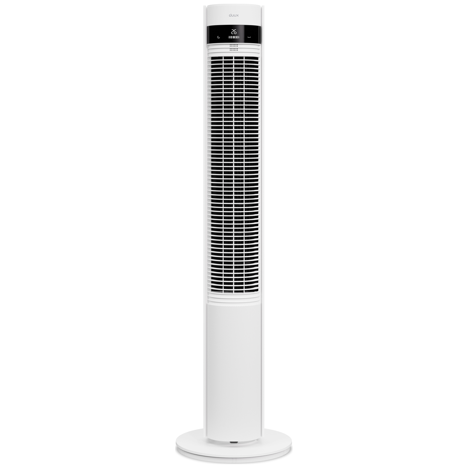 A sleek, white tower fan with a black grille and digital display screen.