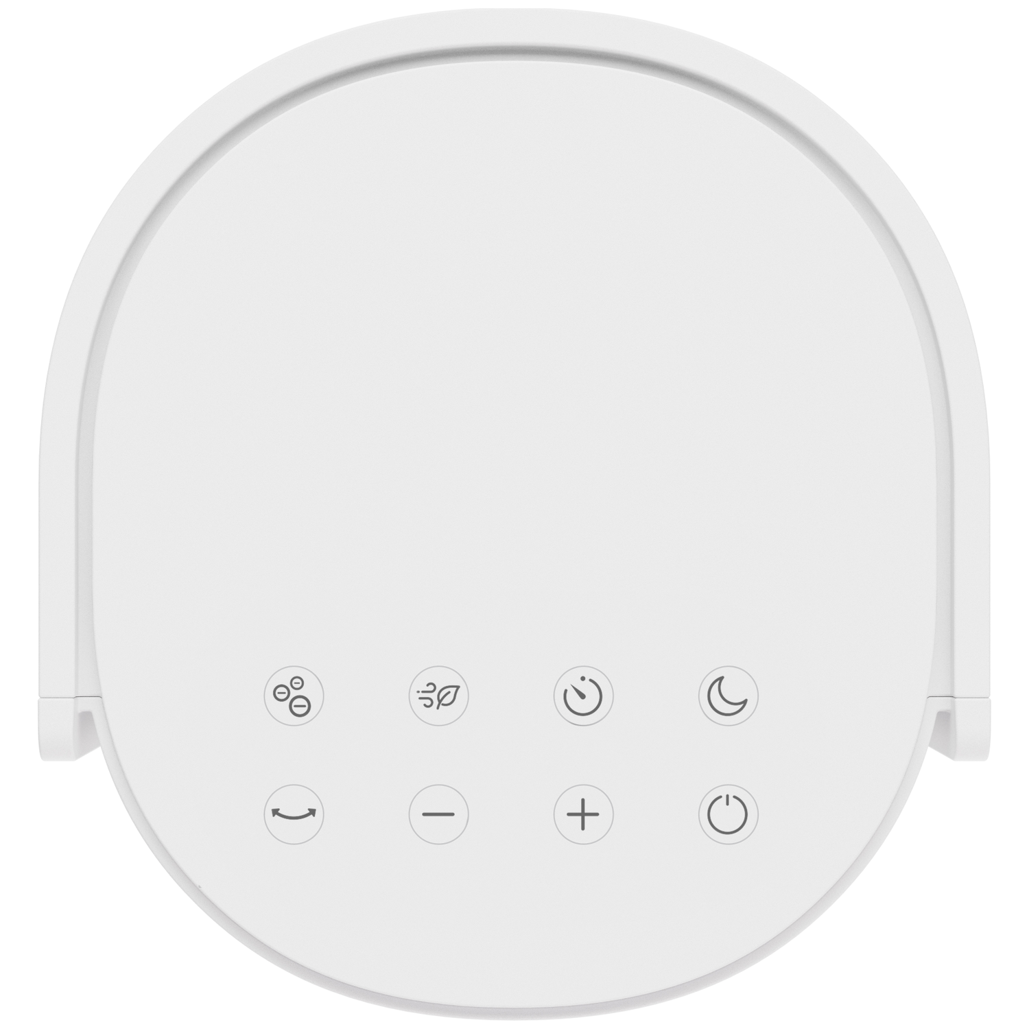 A white device with icons for fan, leaf, clock, moon, arrow, minus, plus, and power.