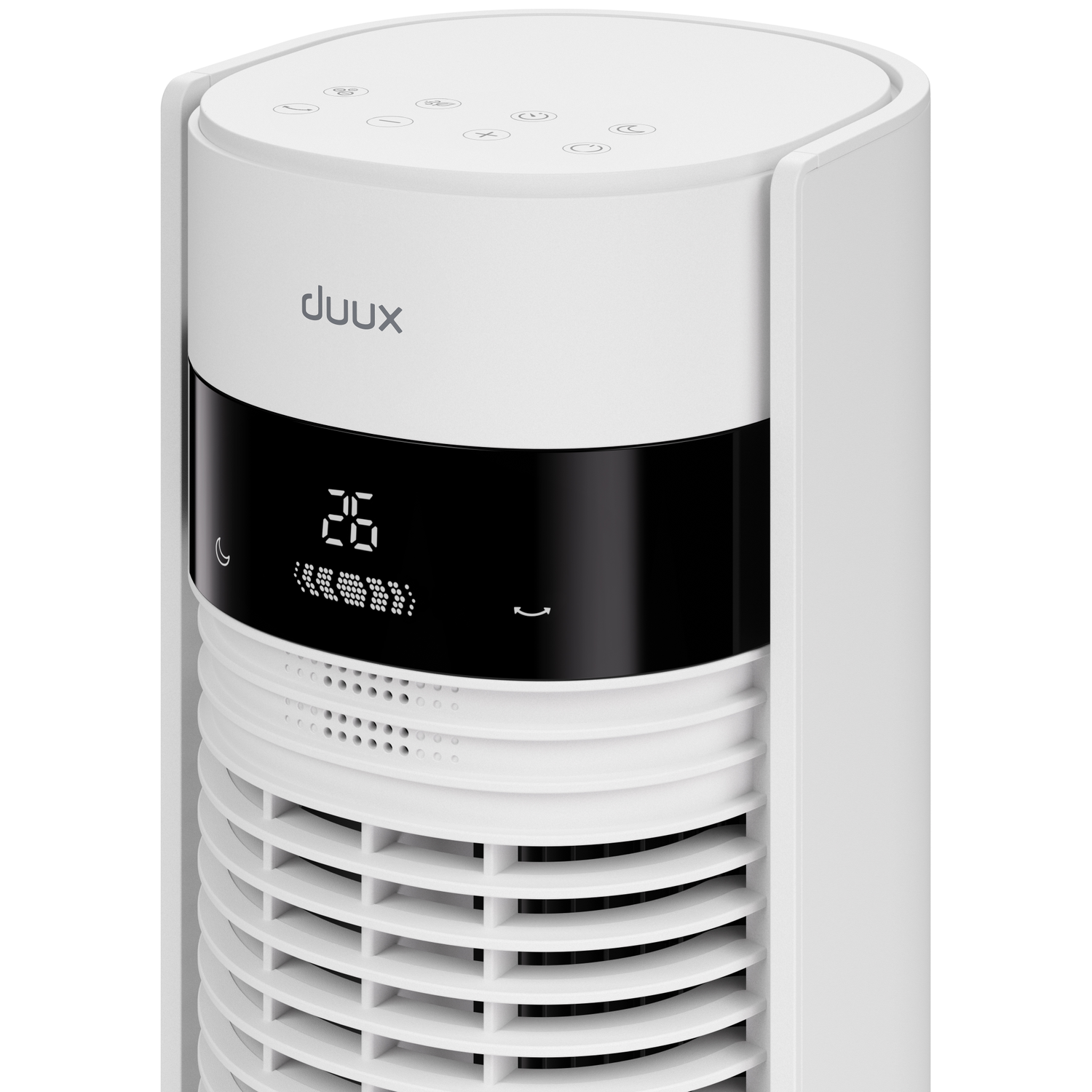 A white tower fan with a black digital display showing 26°C.