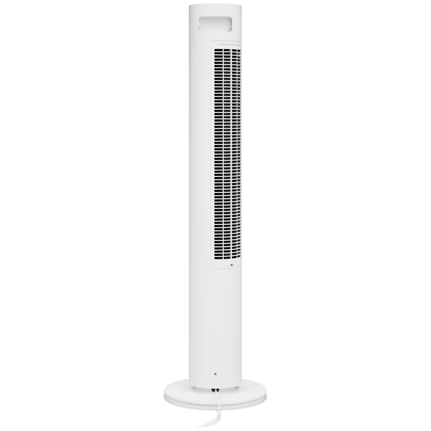A white tower fan stands on a round base with a cord.