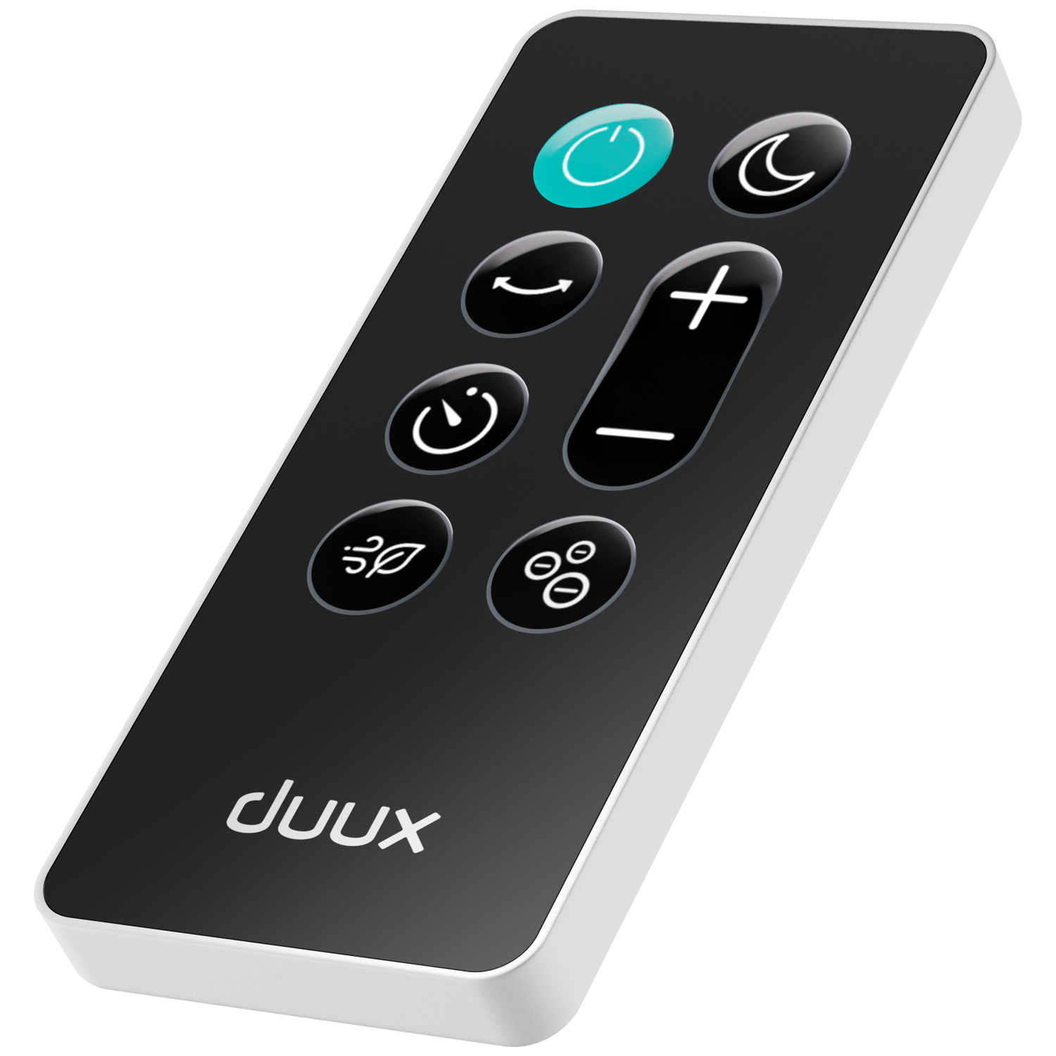 Black remote control with icons for on/off, moon, arrow, plus/minus, leaf, and circles.