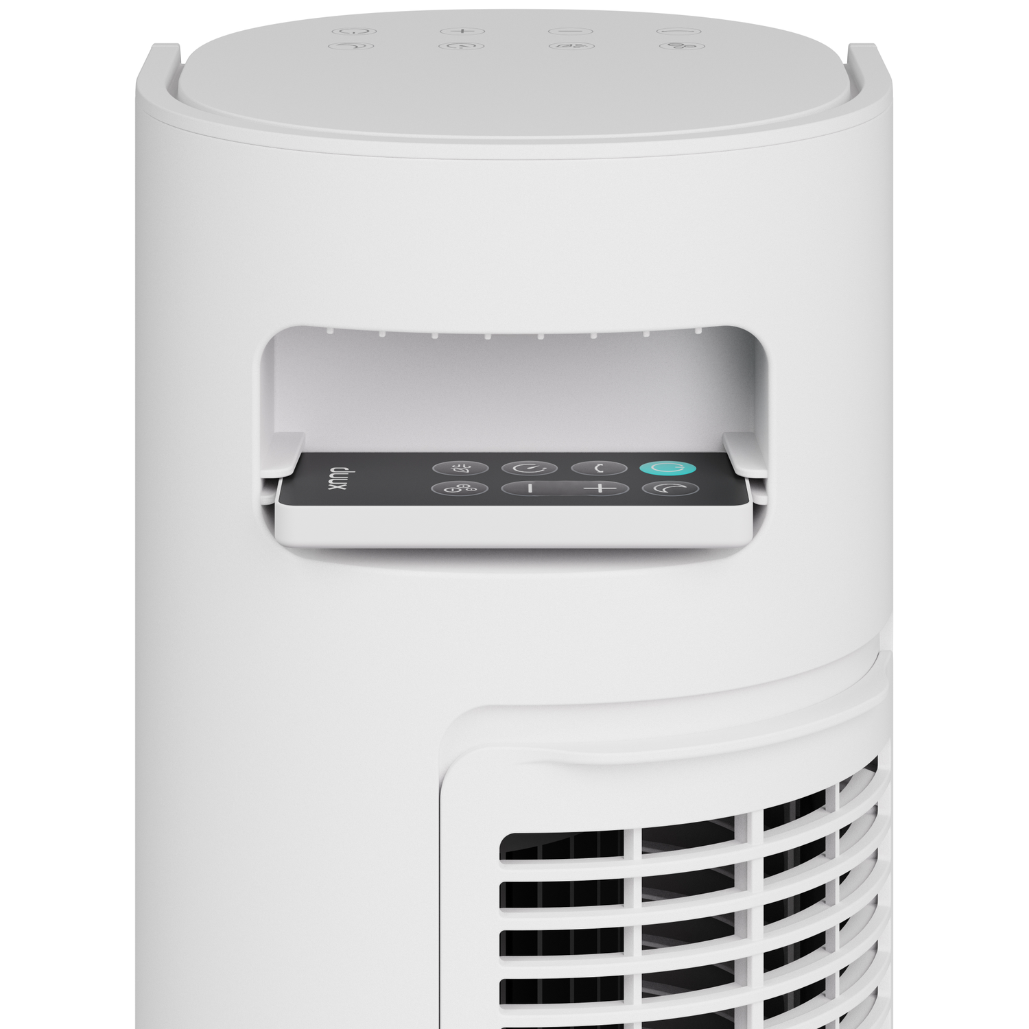 Close-up of a white tower fan, showing a hidden remote and vent grille.