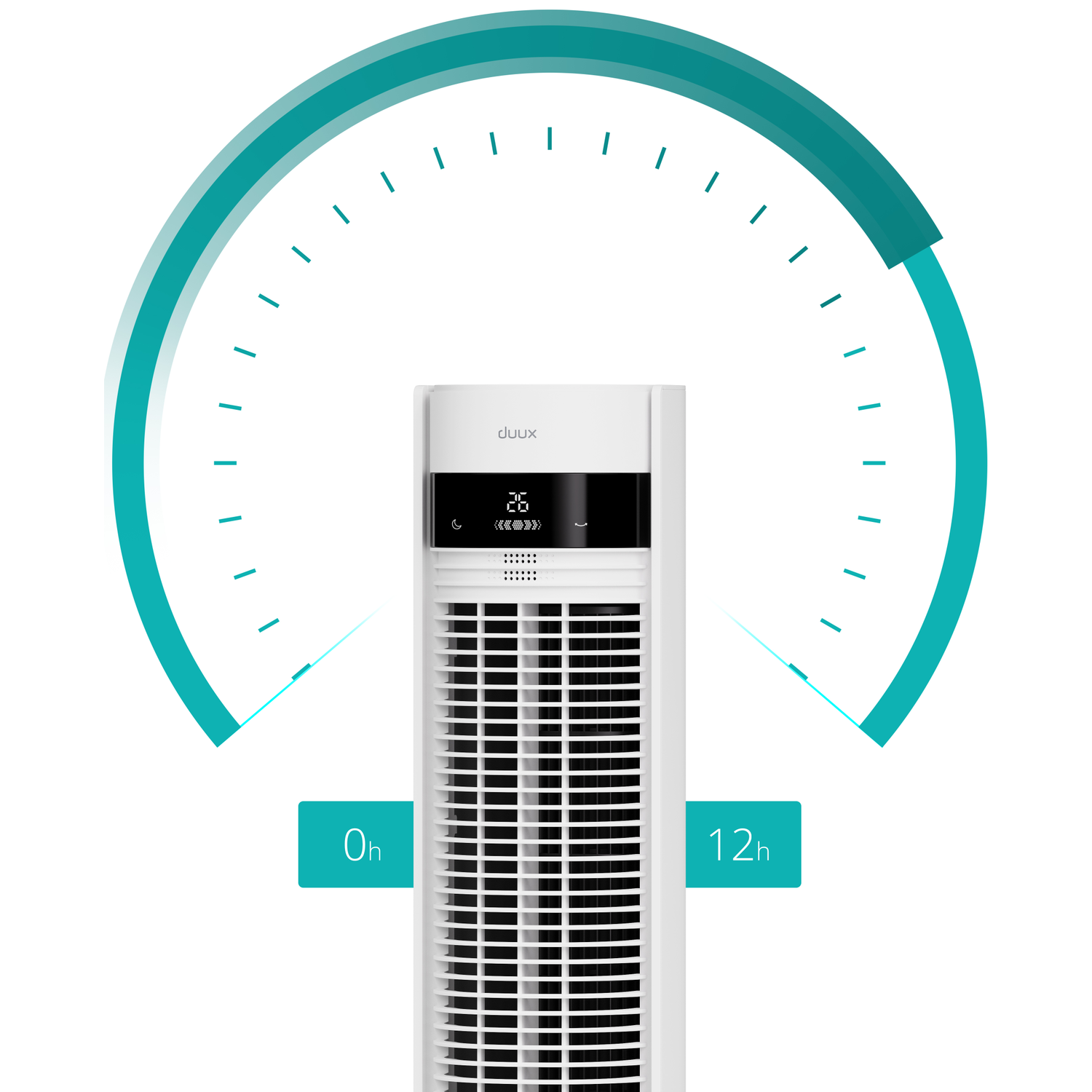 White tower fan with display showing 26 degrees, 0h and 12h timer.