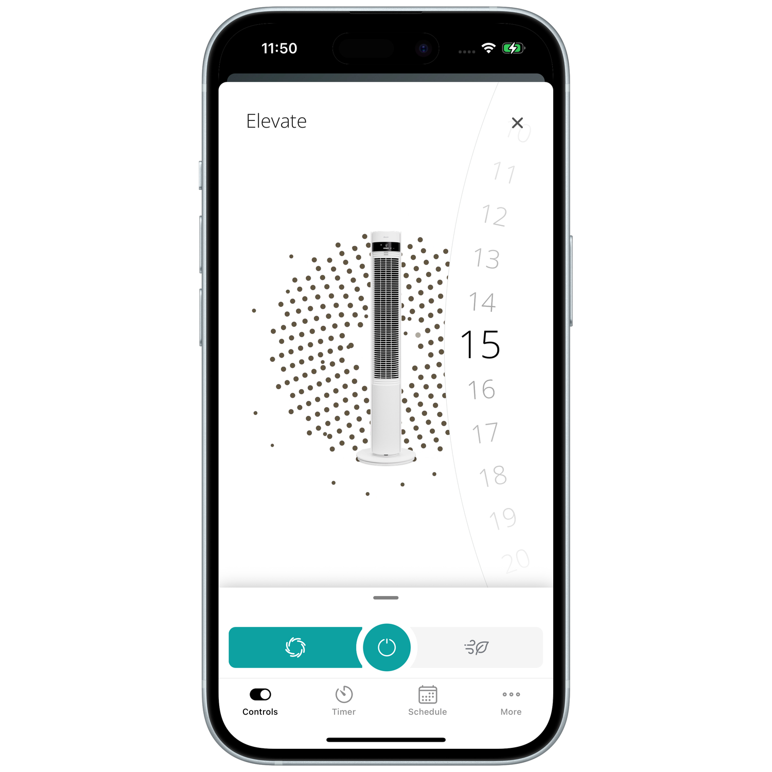 An app shows a tower fan with fan settings and a scale from 10-20.