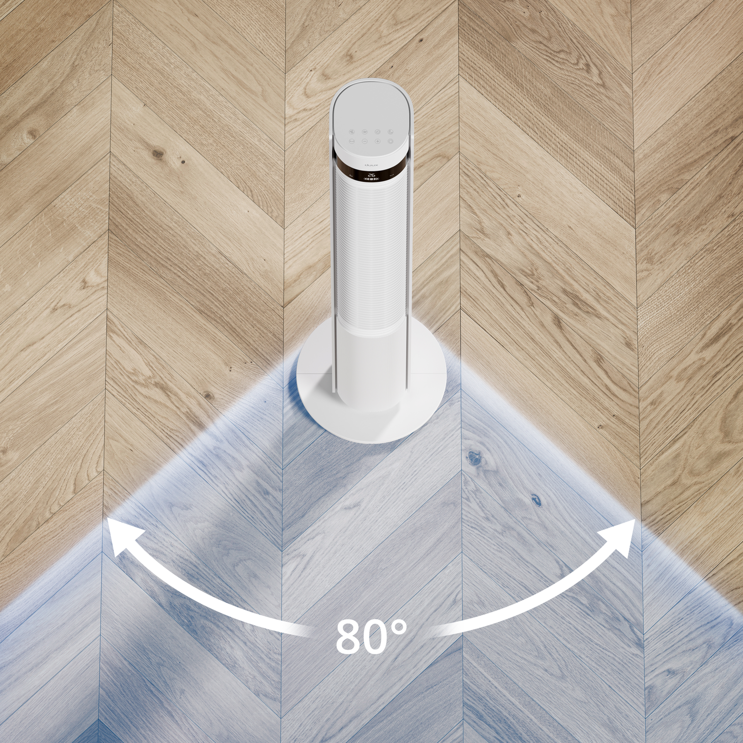 A white tower fan on a wooden floor with an 80° oscillation indicator.